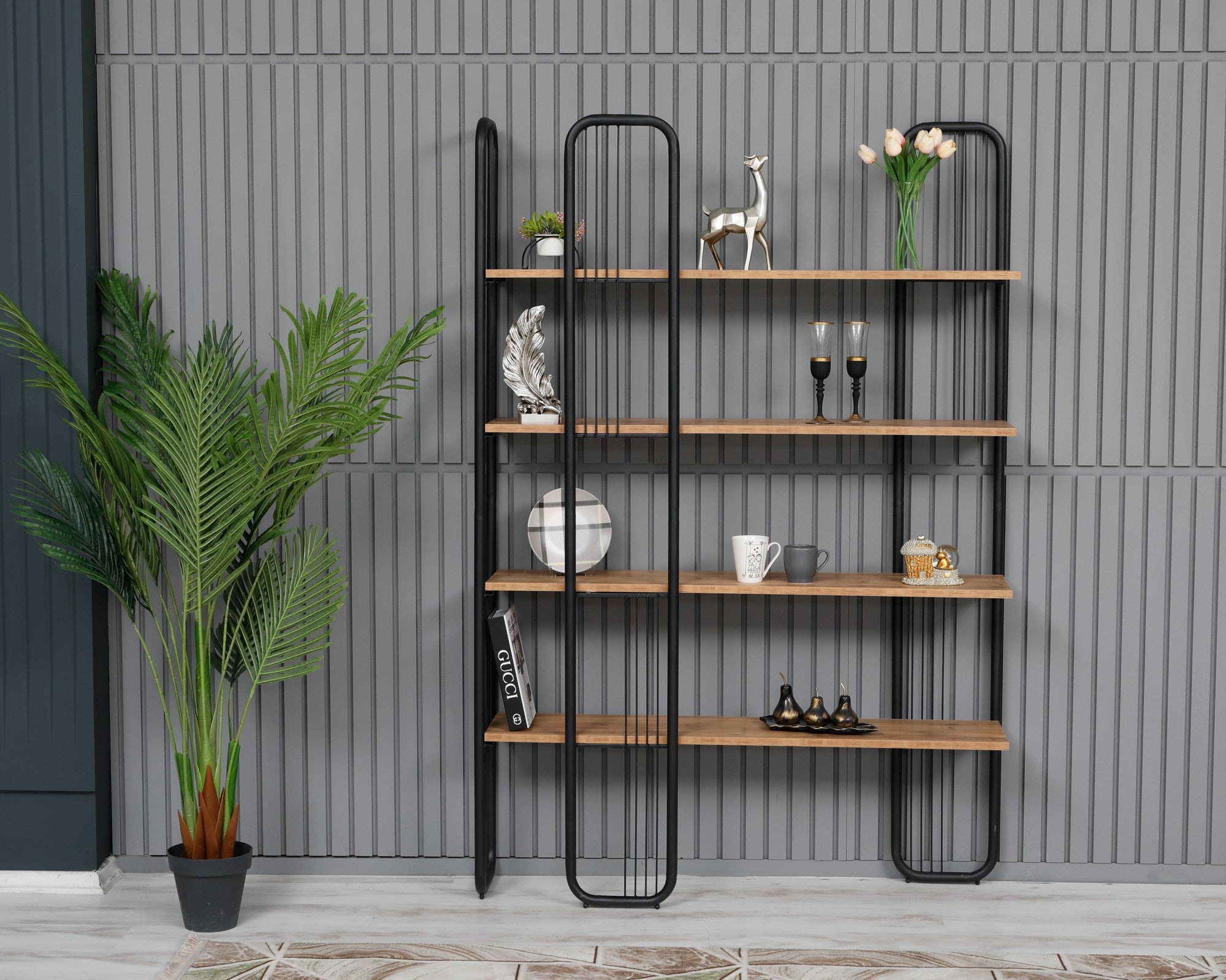 Estante de livros – 125cm x 180cm x 28cm – Preto e Pinho Atlântico – Painéis de partículas revestidos a melamina