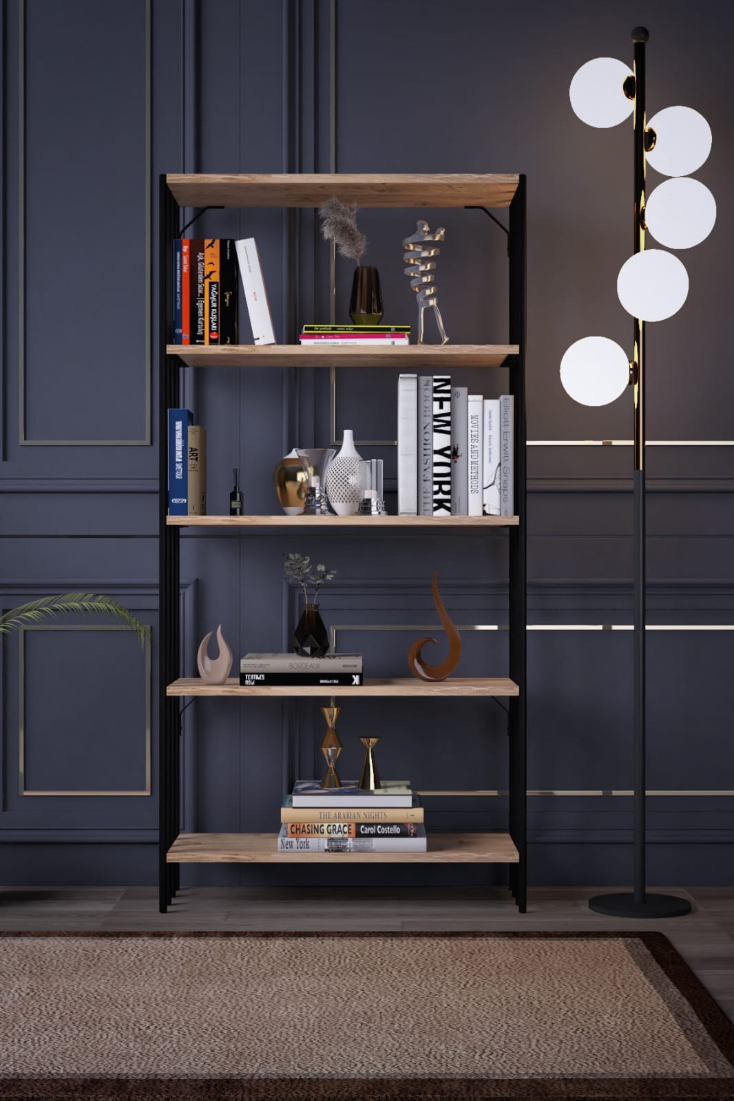 Estante de livros – 72 cm x 150 cm x 26 cm – Preto e Pinho Atlântico – Painéis de partículas