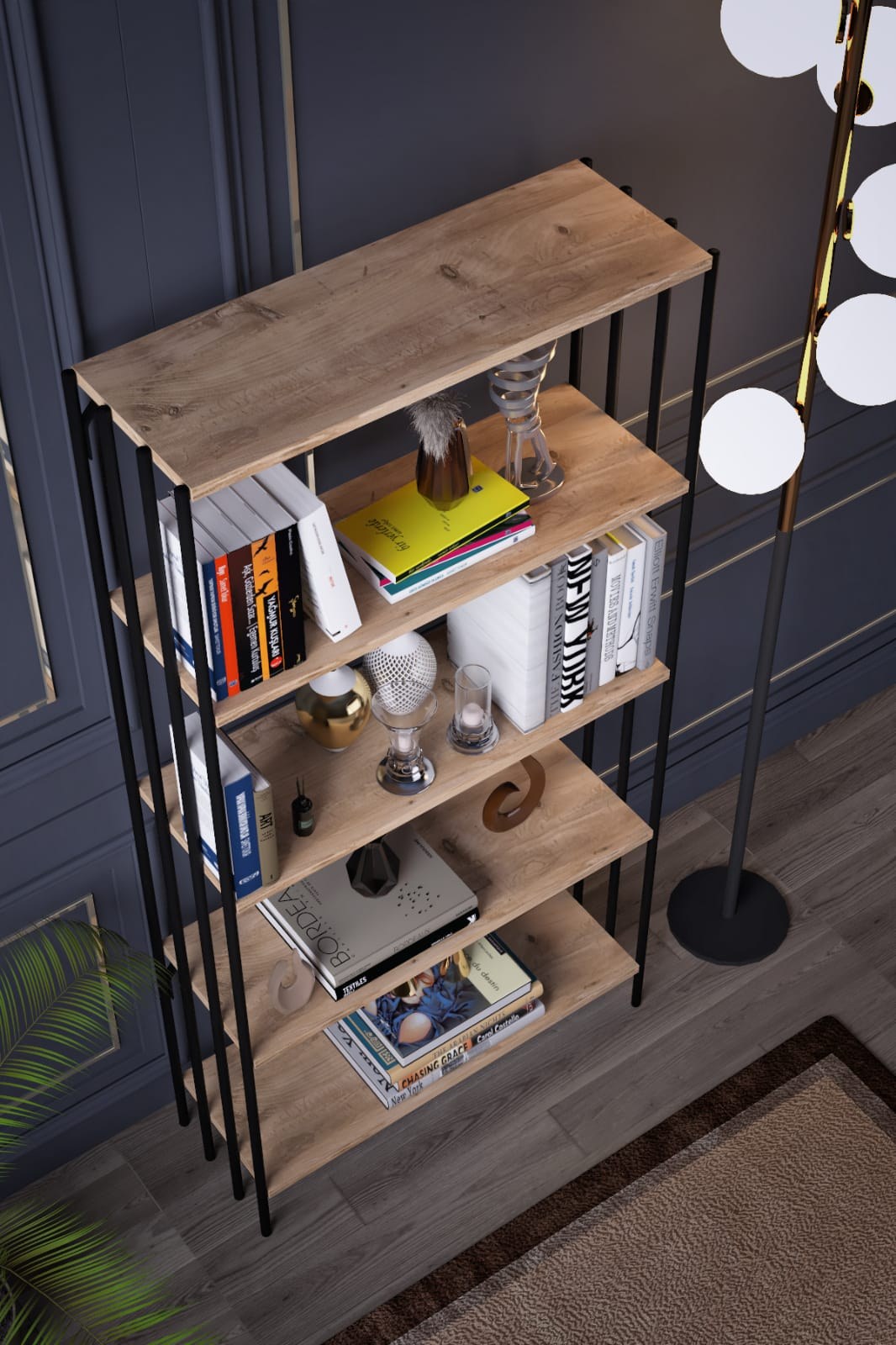 Estante de livros – 72 cm x 150 cm x 26 cm – Preto e Pinho Atlântico – Painéis de partículas