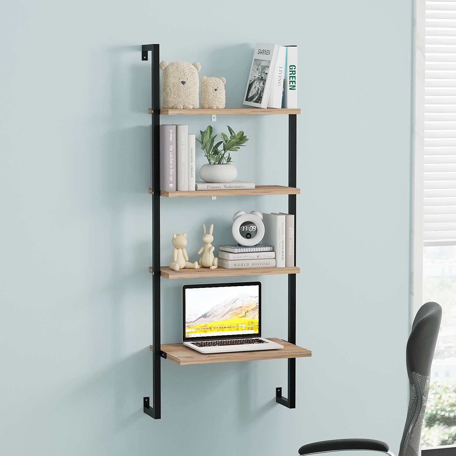 Prateleira de parede – 49cm x 120cm x 20cm – castanho e preto – metal e painel de partículas