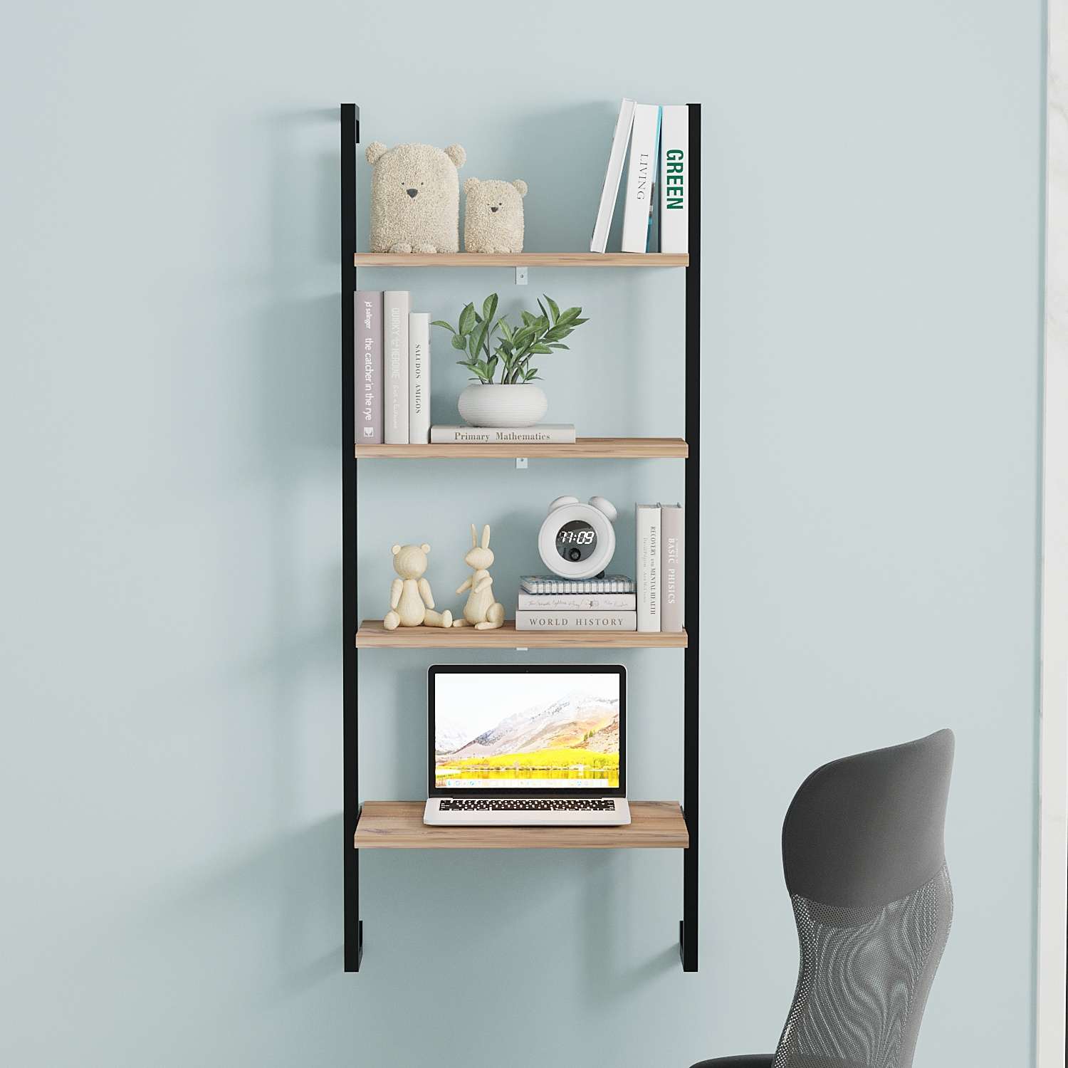 Prateleira de parede – 49cm x 120cm x 20cm – castanho e preto – metal e painel de partículas
