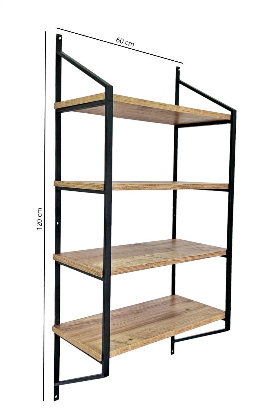Prateleira de parede – 60 cm x 120 cm x 28 cm – Preto e Pinho Atlântico – Painéis de partículas revestidos a melamina e metal