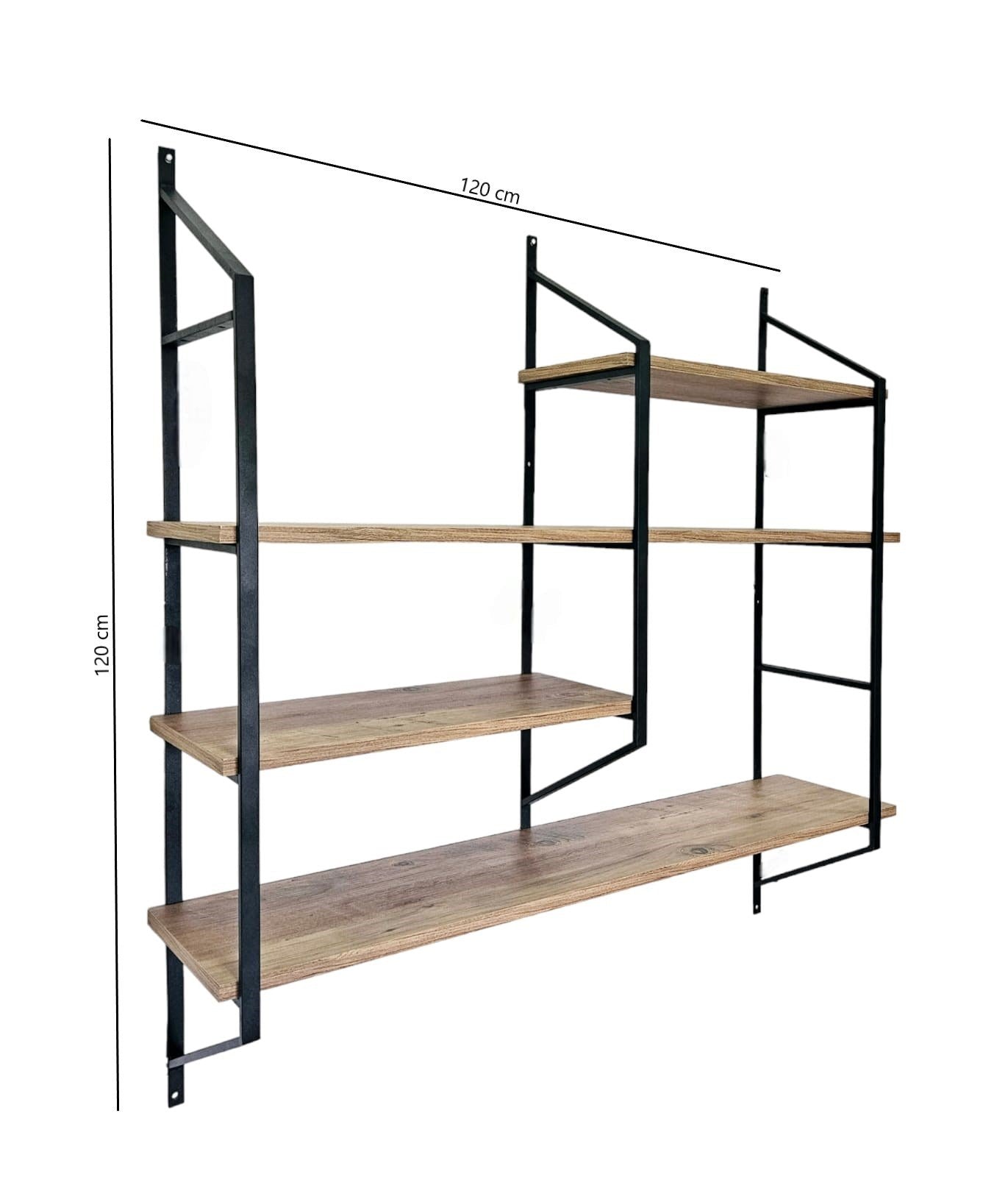 Prateleira de parede – 120 cm x 120 cm x 28 cm – Preto e Pinho Atlântico – Metal e Painel de Partículas