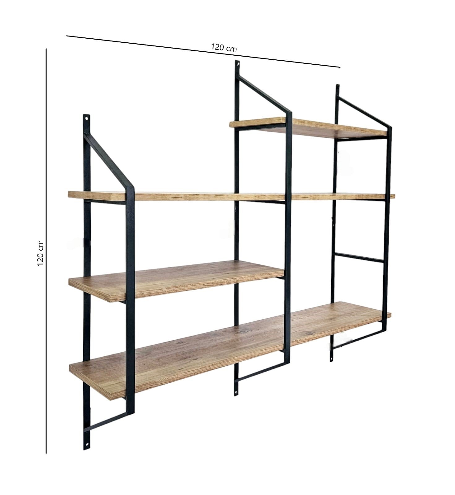 Prateleira de parede – 120 cm x 120 cm x 28 cm – Preto e Pinho Atlântico – Metal e Painel de Partículas