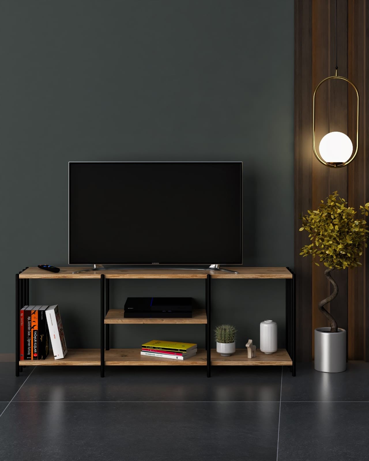 Móvel de TV – 124cm x 46cm x 26cm – Preto – Metal e Painéis de partículas