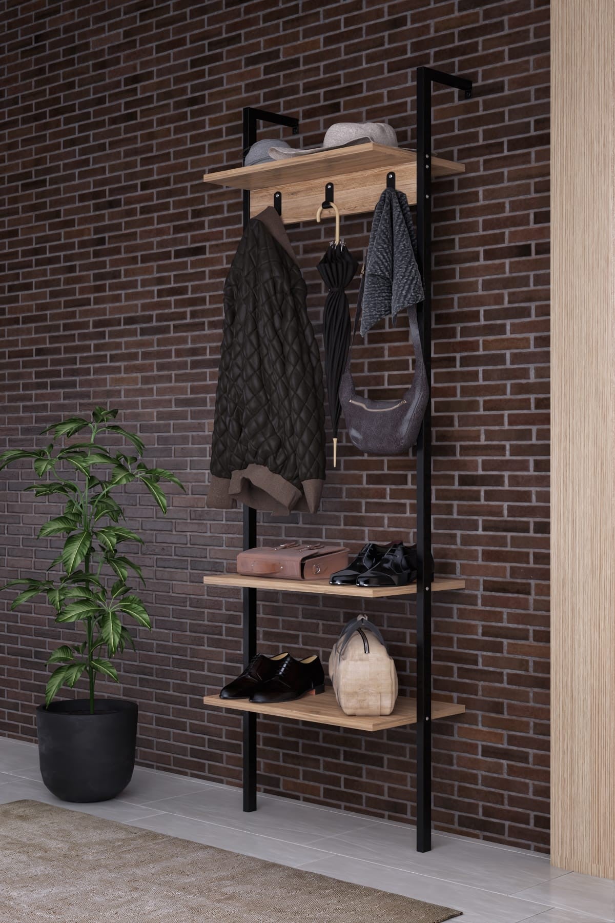 Cabideiro moderno – 60 cm x 180 cm x 26 cm – preto – MDF e metal