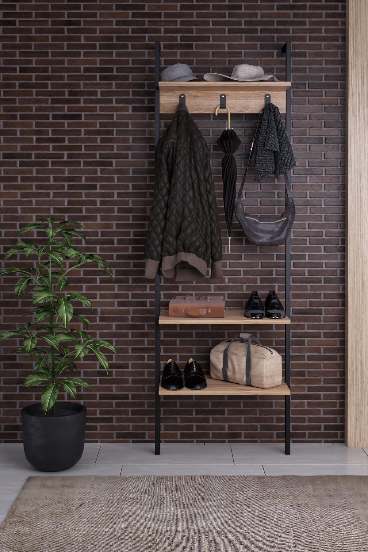 Cabideiro moderno – 60 cm x 180 cm x 26 cm – preto – MDF e metal