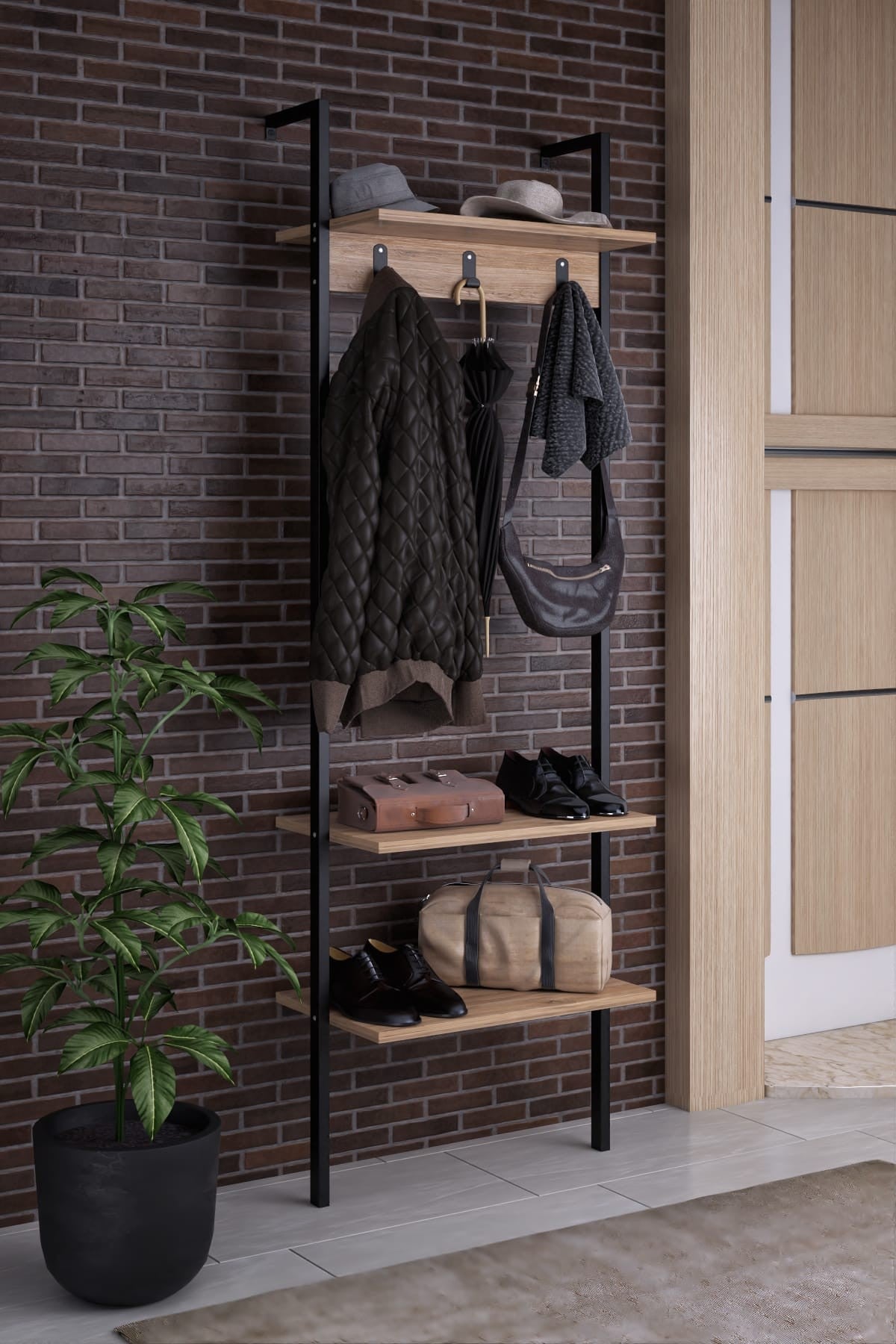 Cabideiro moderno – 60 cm x 180 cm x 26 cm – preto – MDF e metal