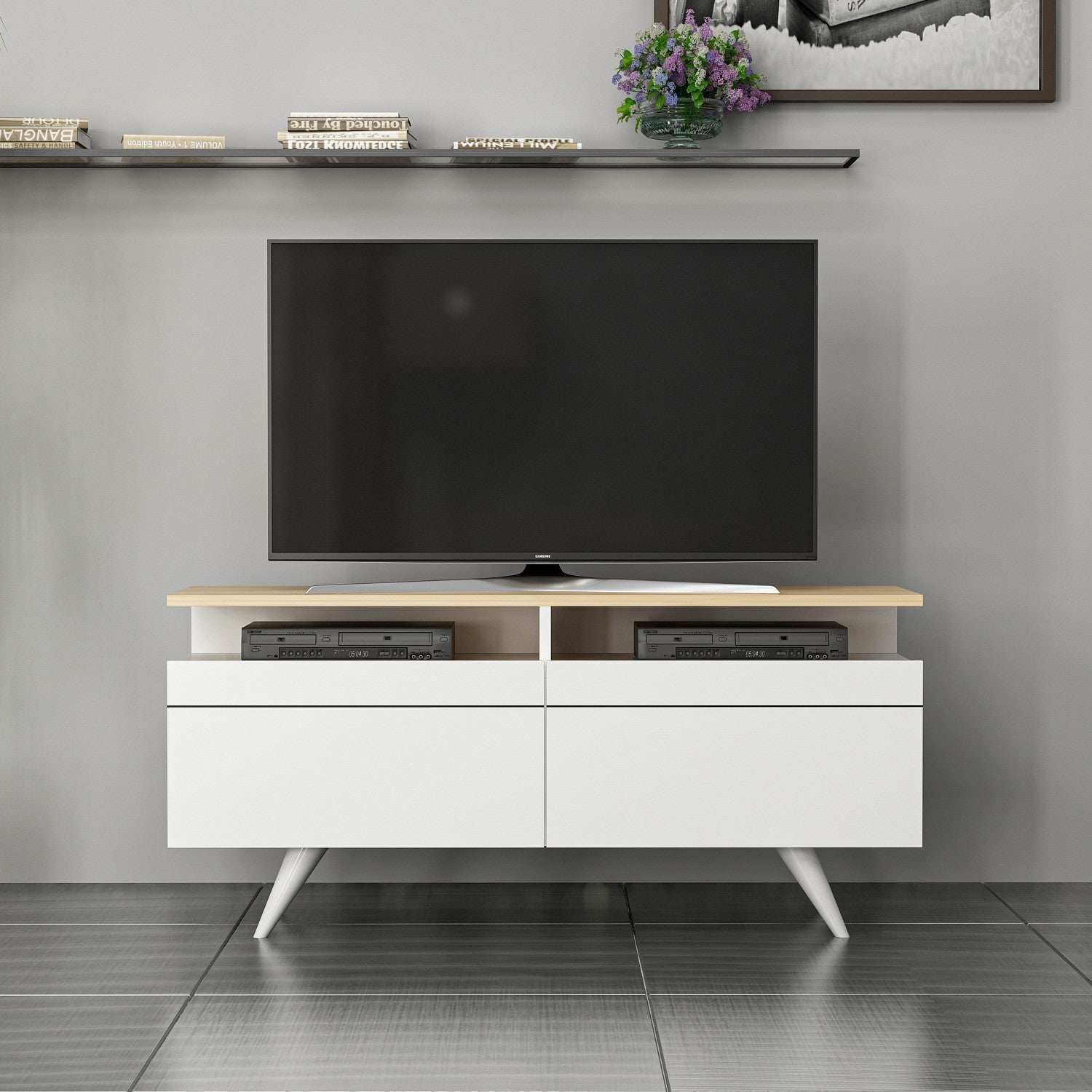 Móvel de TV – 120 cm x 52 cm x 35 cm – Carvalho e Branco – Painel de Partículas