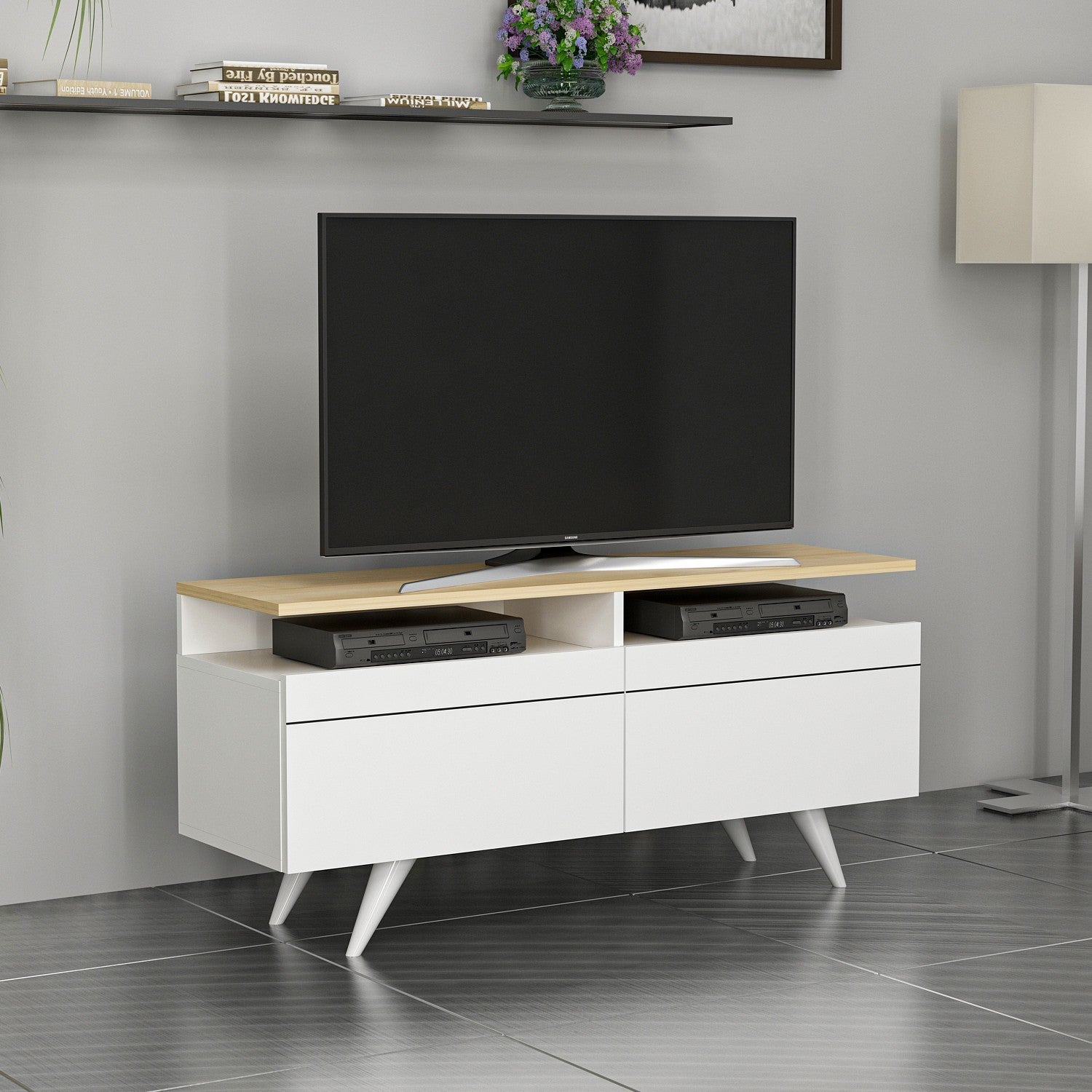 Móvel de TV – 120 cm x 52 cm x 35 cm – Carvalho e Branco – Painel de Partículas