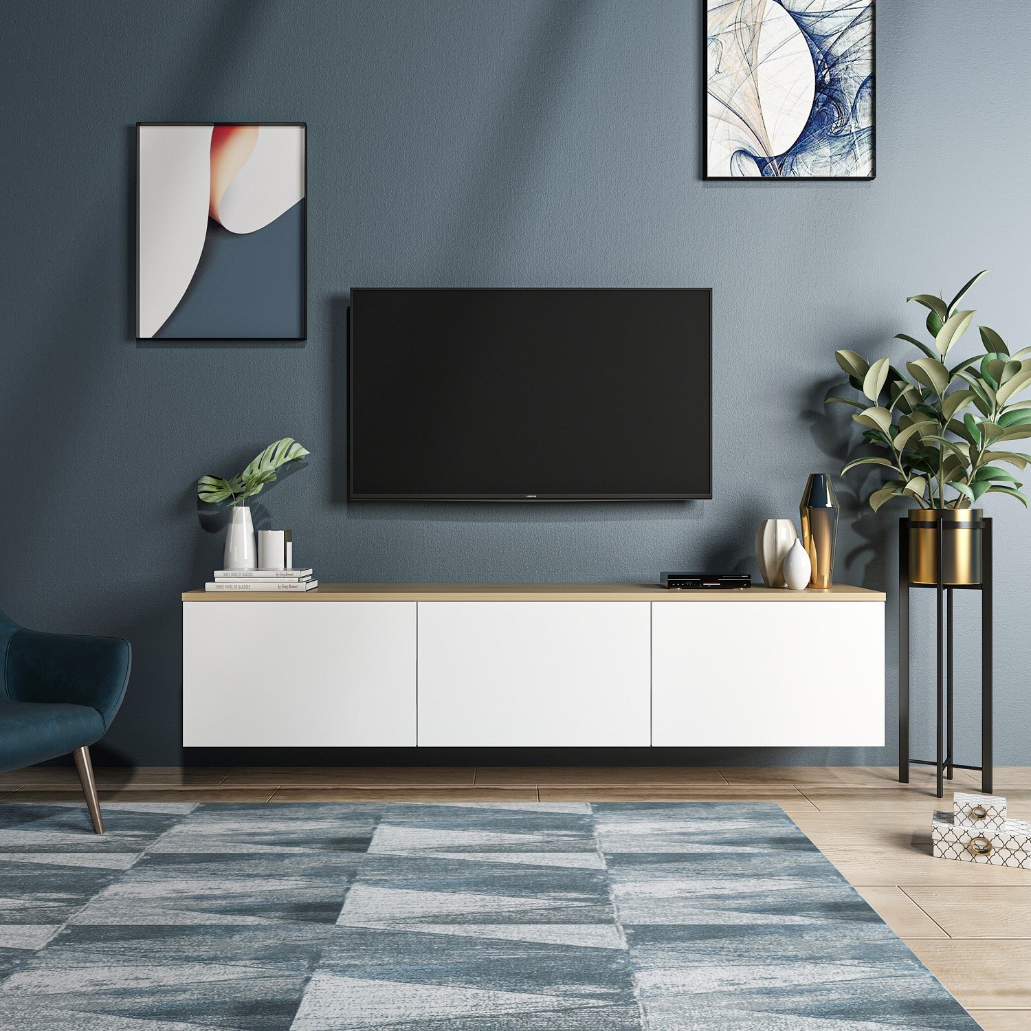 Móvel de TV moderno – 160 cm x 35 cm x 32 cm – Branco e Carvalho – Melamina