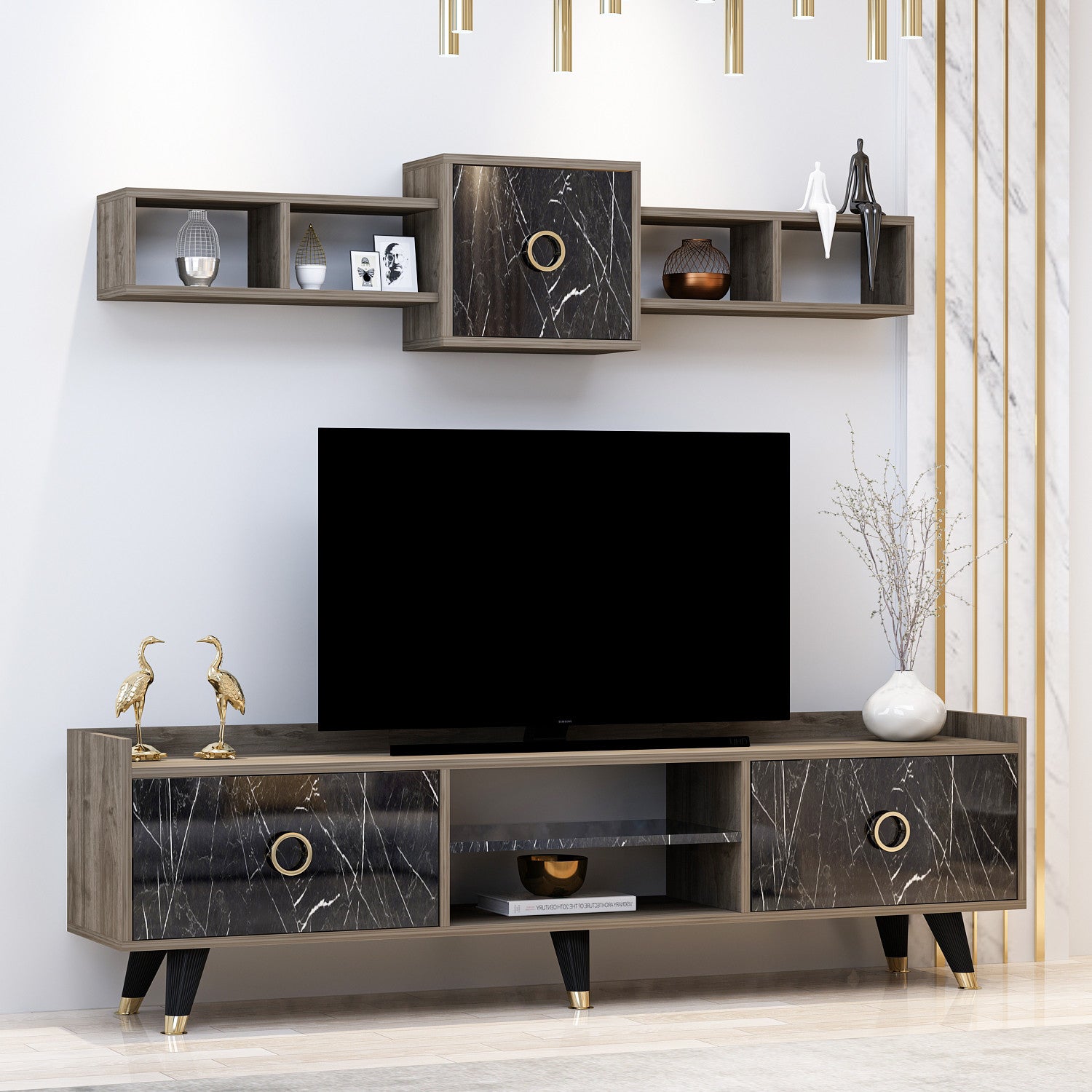 Móvel de TV – 180cm x 52cm x 35cm – Mármore – Painéis de partículas revestidos a melamina