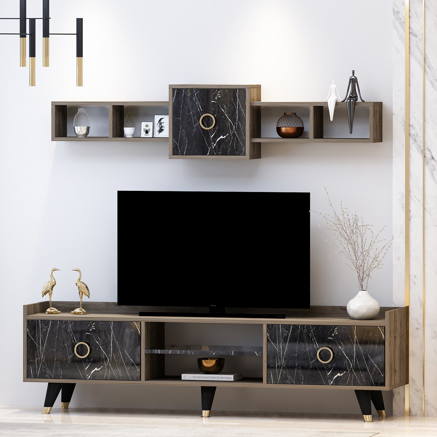 Móvel de TV – 180cm x 52cm x 35cm – Mármore – Painéis de partículas revestidos a melamina