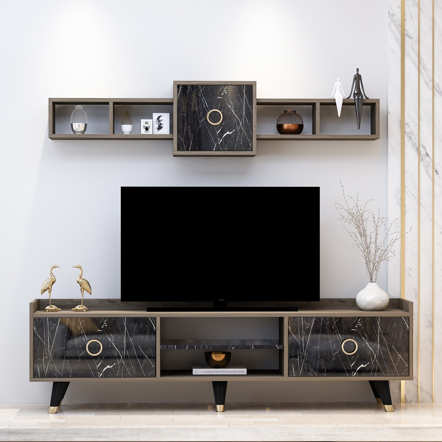 Móvel de TV – 180cm x 52cm x 35cm – Mármore – Painéis de partículas revestidos a melamina
