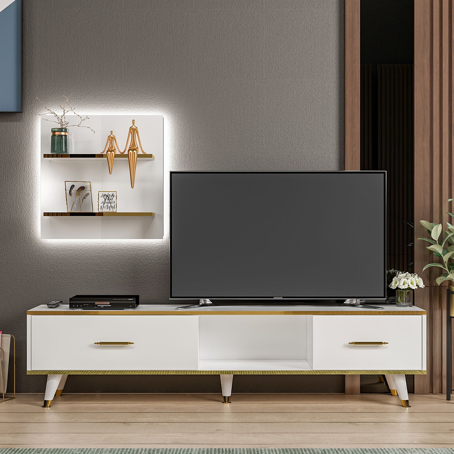 Móvel de TV – 180x43,6x35 cm – Branco e Dourado – Painéis de partículas revestidos a melamina