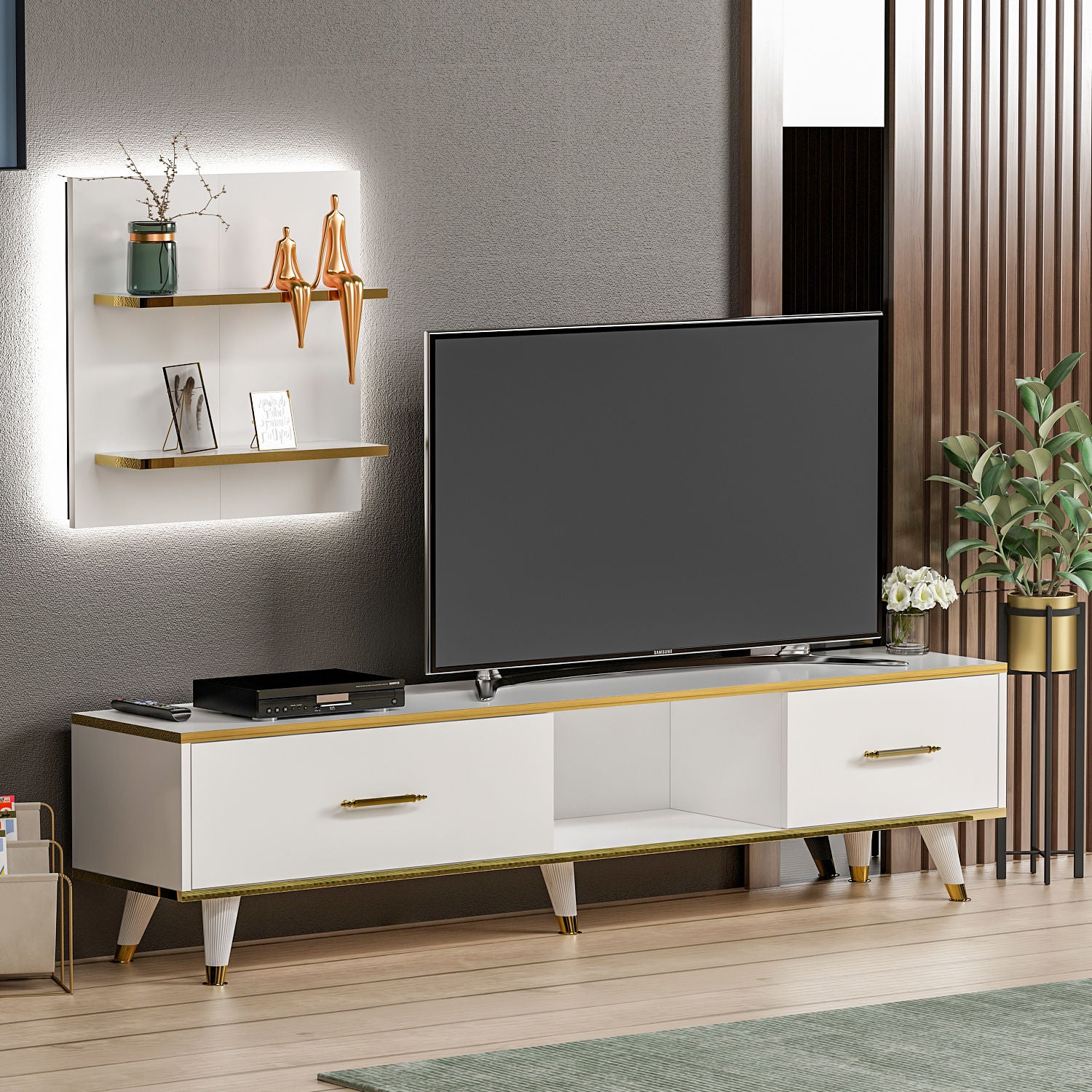 Móvel de TV – 180x43,6x35 cm – Branco e Dourado – Painéis de partículas revestidos a melamina