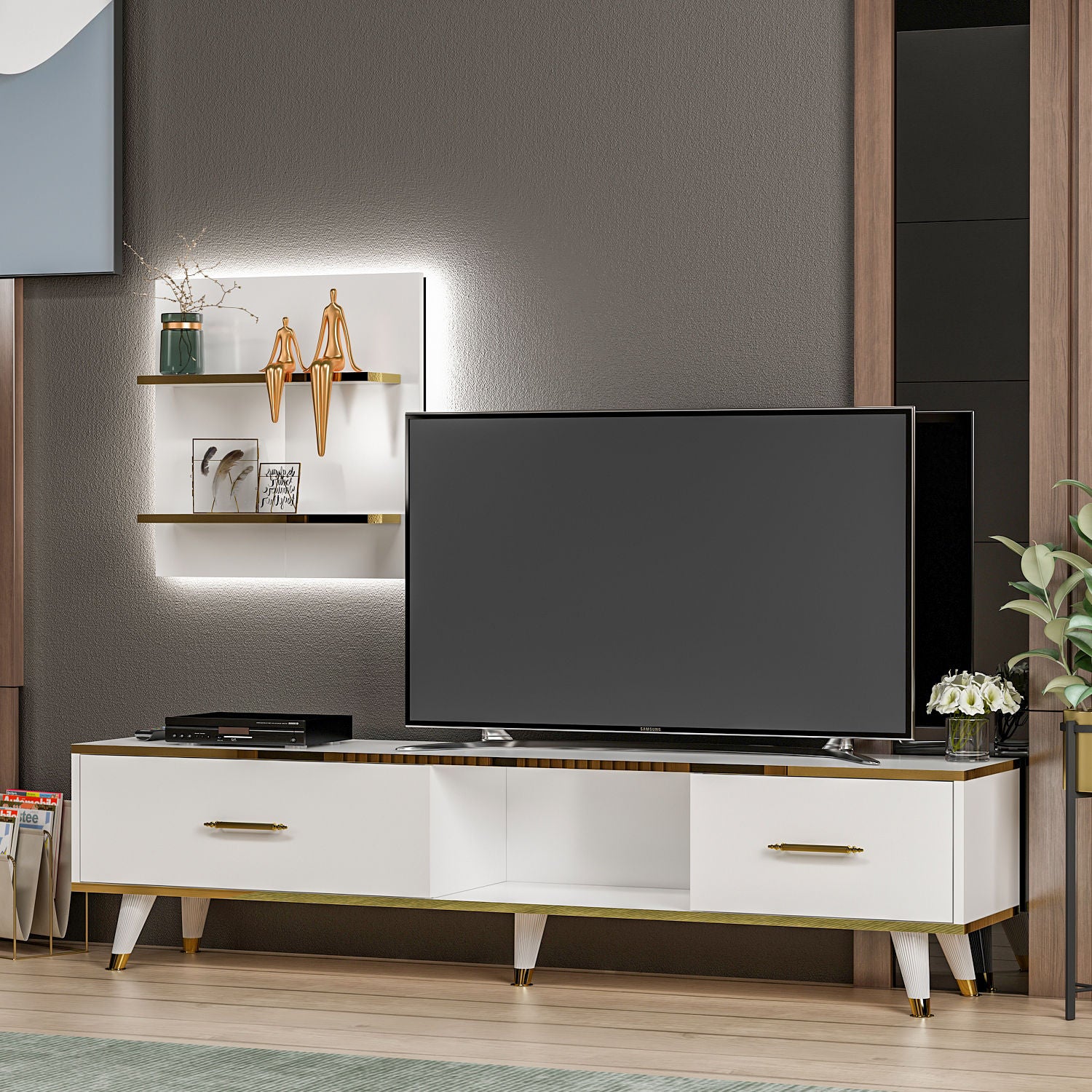 Móvel de TV – 180x43,6x35 cm – Branco e Dourado – Painéis de partículas revestidos a melamina