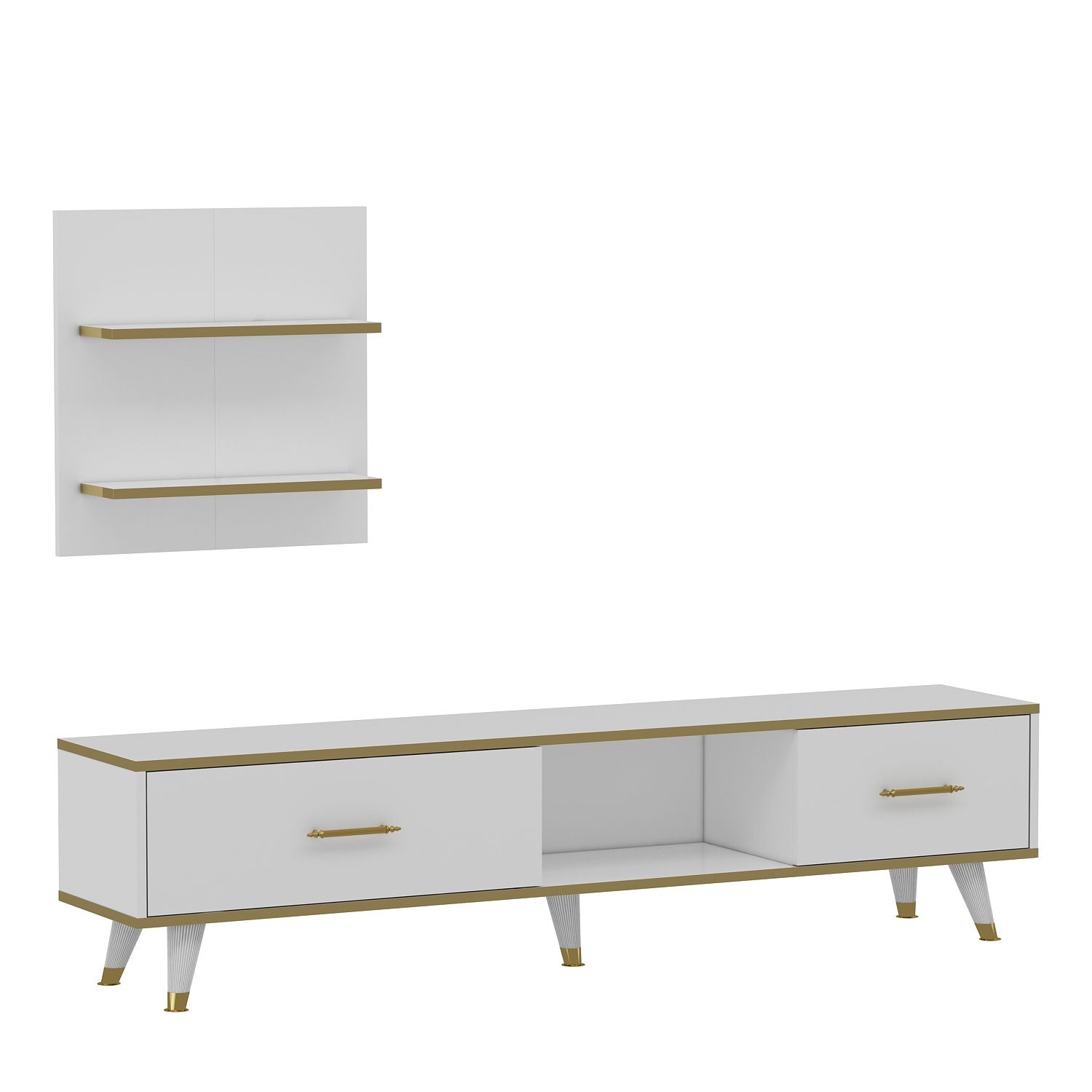 Móvel de TV – 180x43,6x35 cm – Branco e Dourado – Painéis de partículas revestidos a melamina