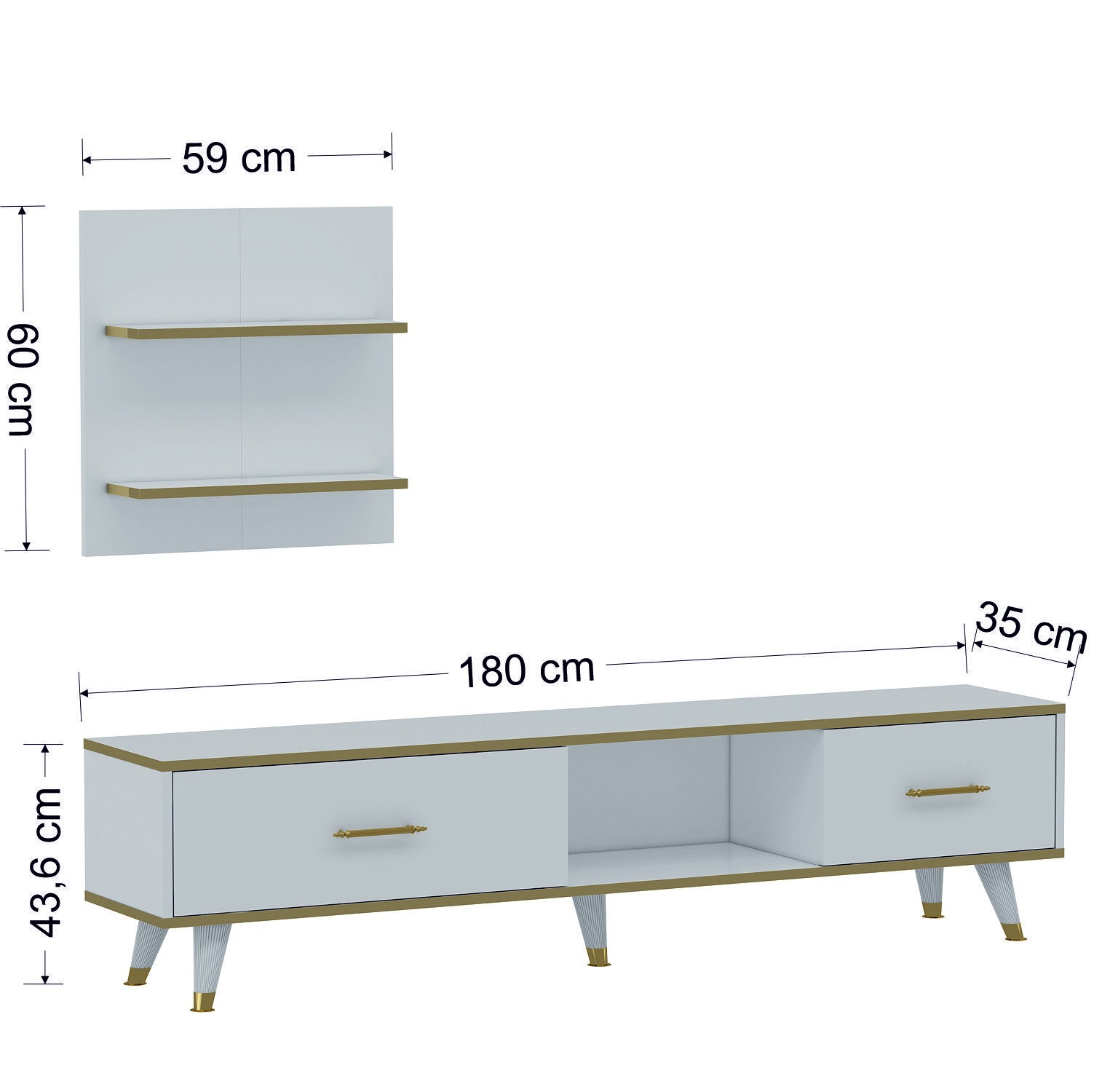 Móvel de TV – 180x43,6x35 cm – Branco e Dourado – Painéis de partículas revestidos a melamina