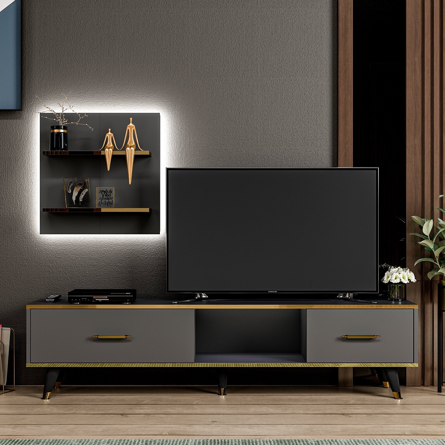 Móvel de TV – 180 cm x 43,6 cm x 35 cm – Cor antracite – Material em painel de partículas revestido a melamina