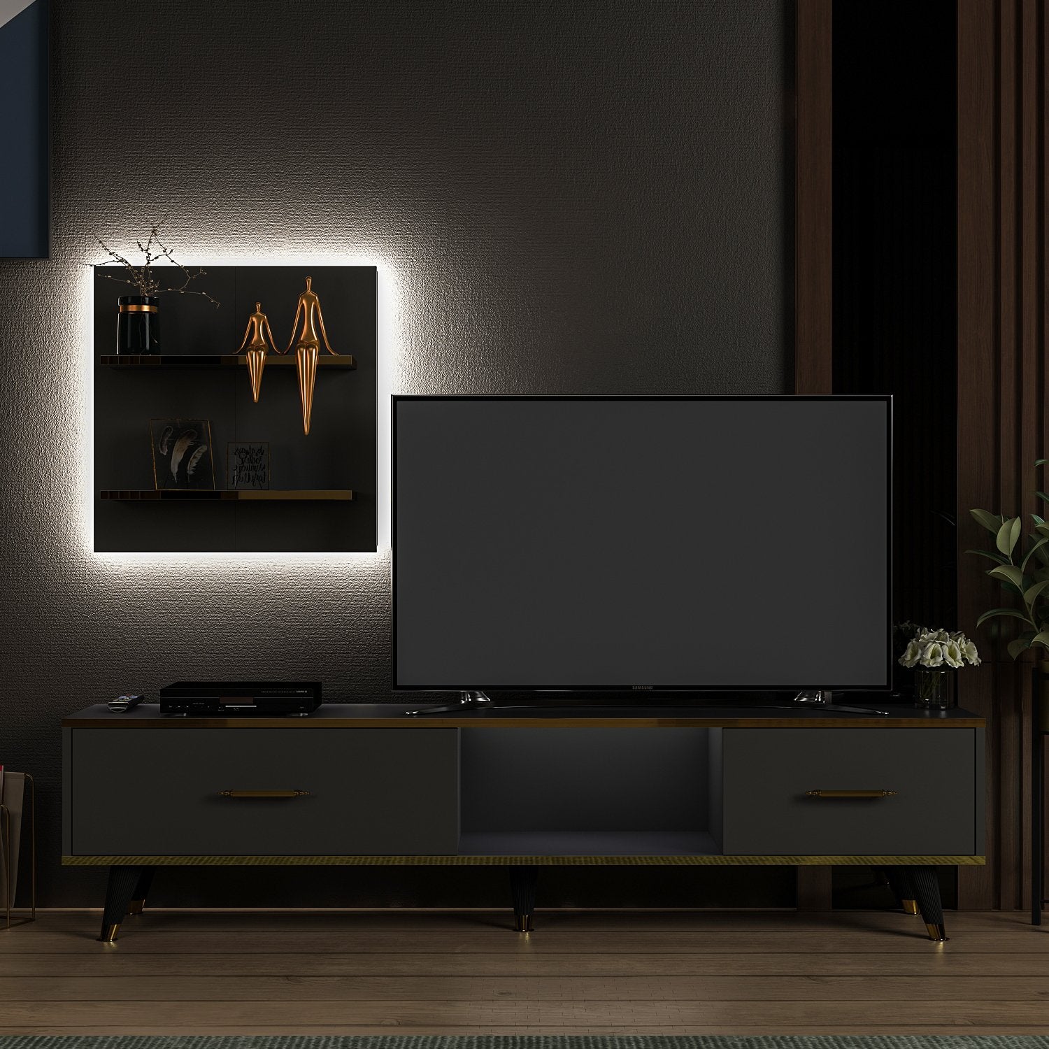 Móvel de TV – 180 cm x 43,6 cm x 35 cm – Cor antracite – Material em painel de partículas revestido a melamina
