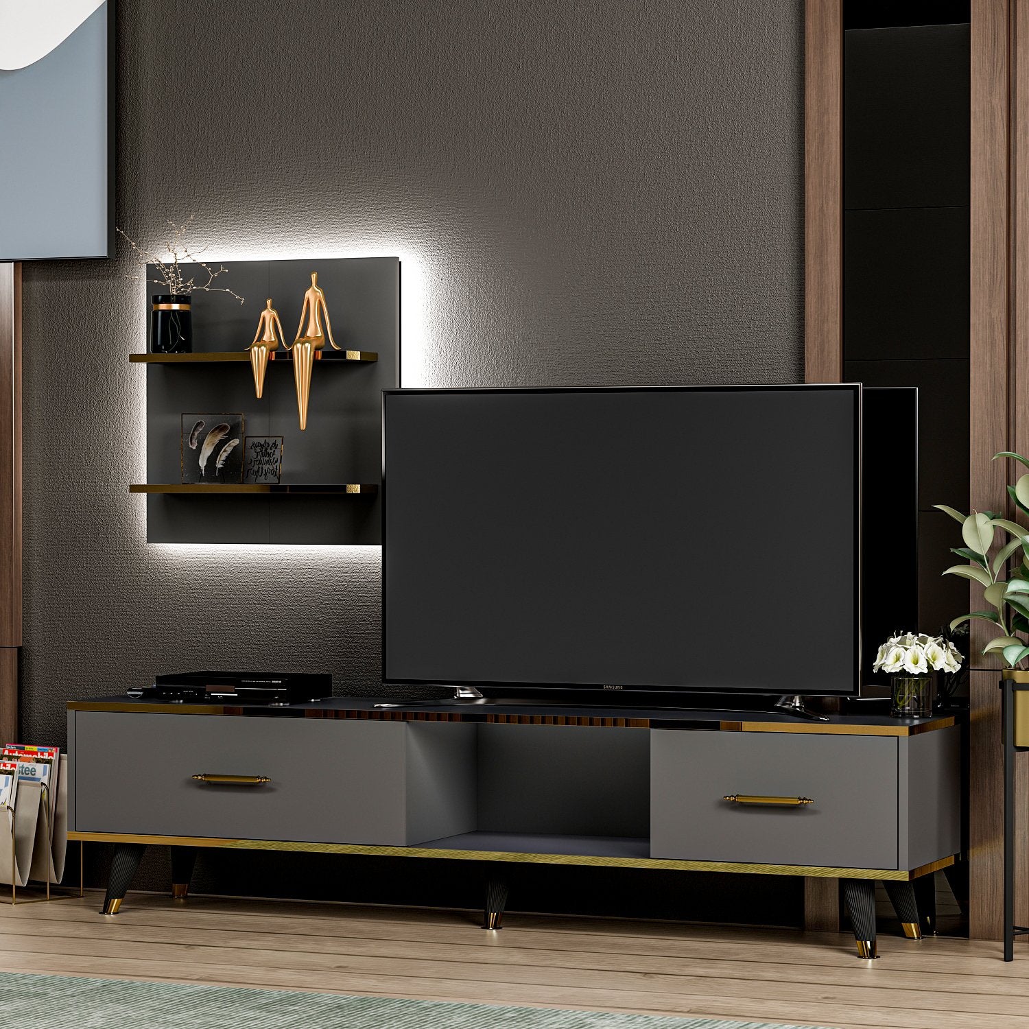 Móvel de TV – 180 cm x 43,6 cm x 35 cm – Cor antracite – Material em painel de partículas revestido a melamina