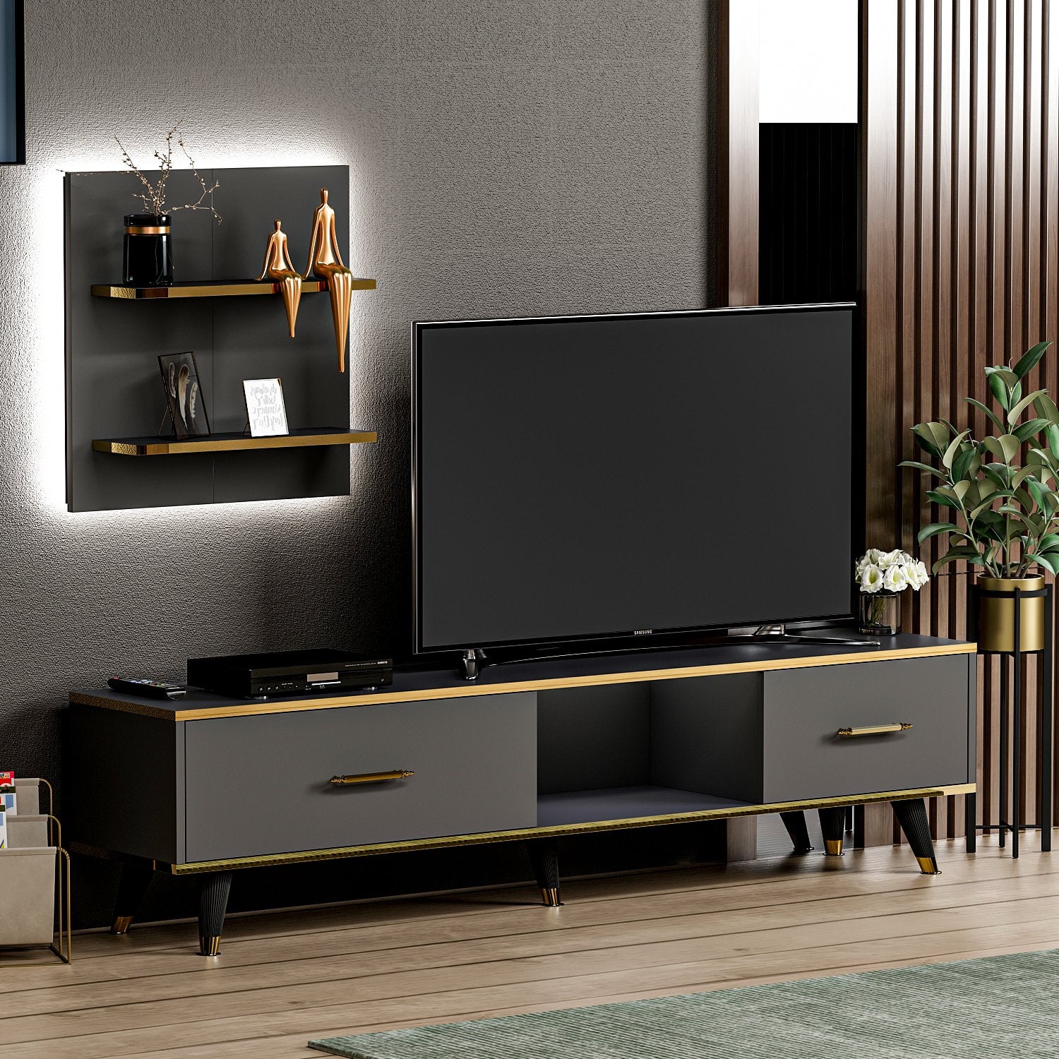 Móvel de TV – 180 cm x 43,6 cm x 35 cm – Cor antracite – Material em painel de partículas revestido a melamina