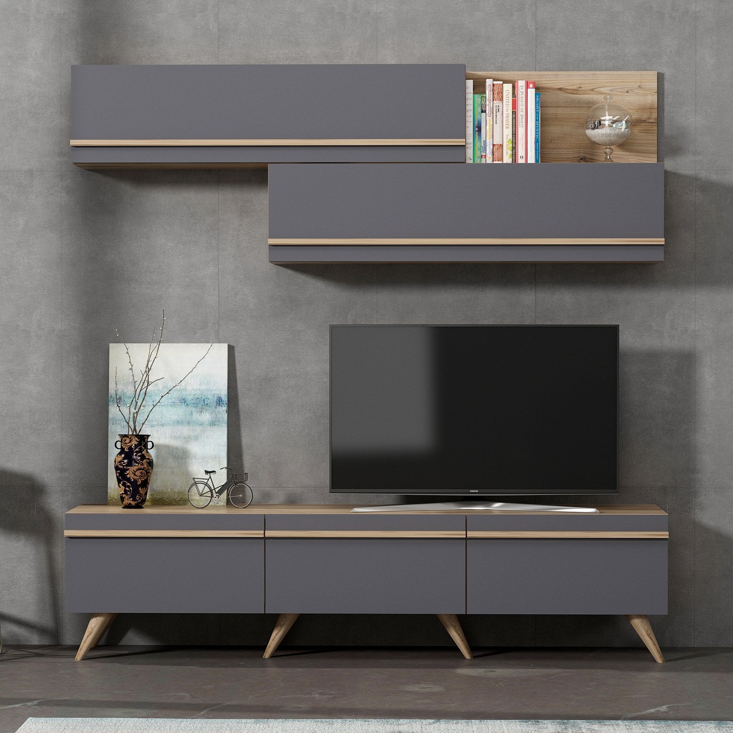 Móvel de TV – 180 cm x 42 cm x 35 cm – Antracite e Nogueira – Painéis de partículas revestidos a melamina