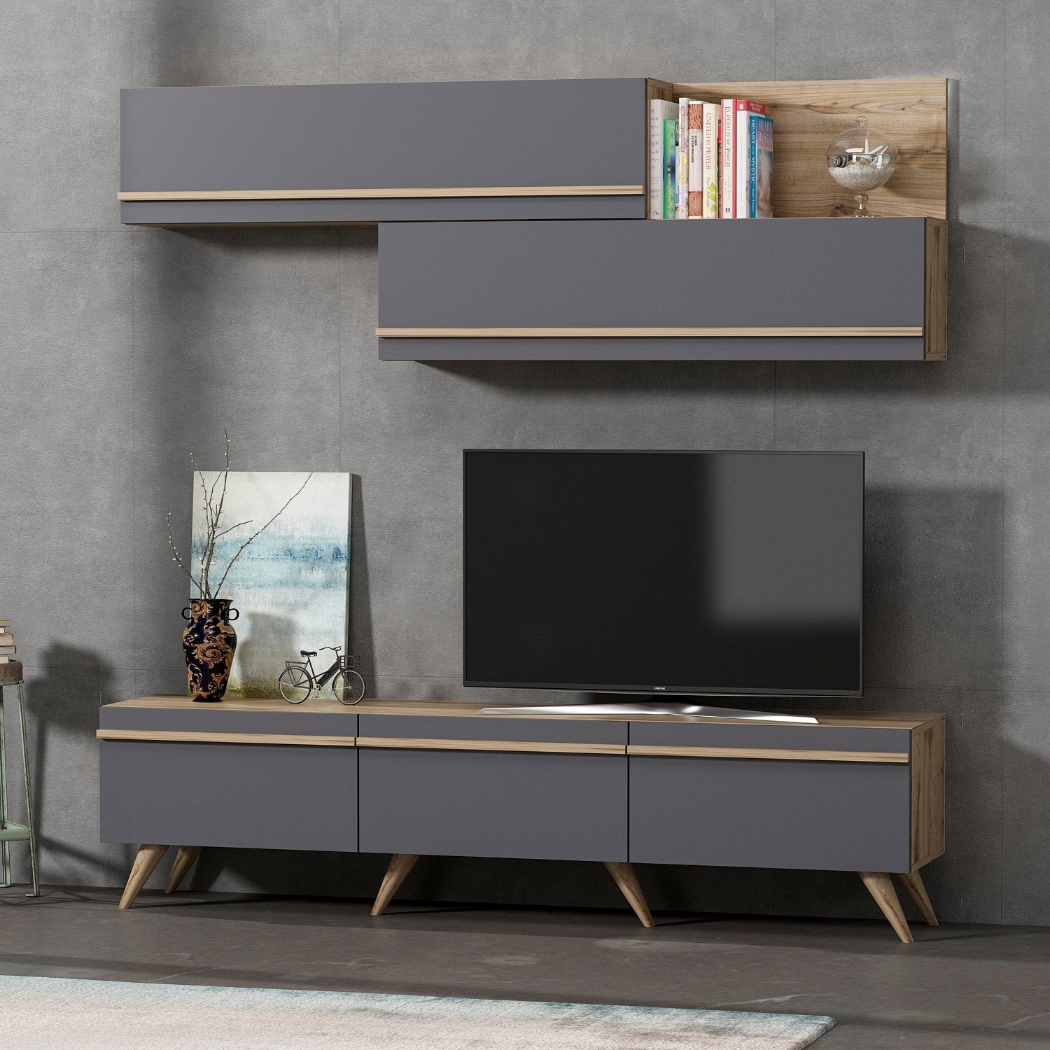 Móvel de TV – 180 cm x 42 cm x 35 cm – Antracite e Nogueira – Painéis de partículas revestidos a melamina