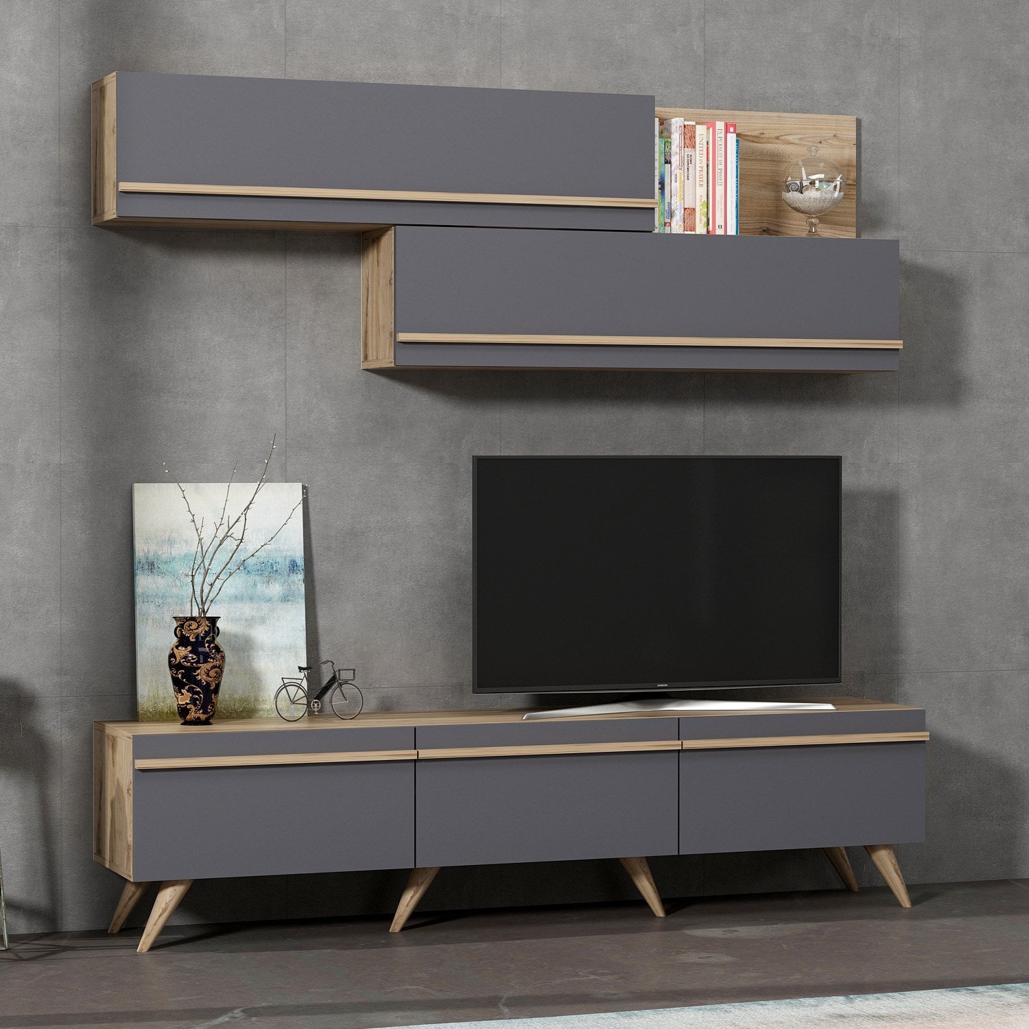 Móvel de TV – 180 cm x 42 cm x 35 cm – Antracite e Nogueira – Painéis de partículas revestidos a melamina
