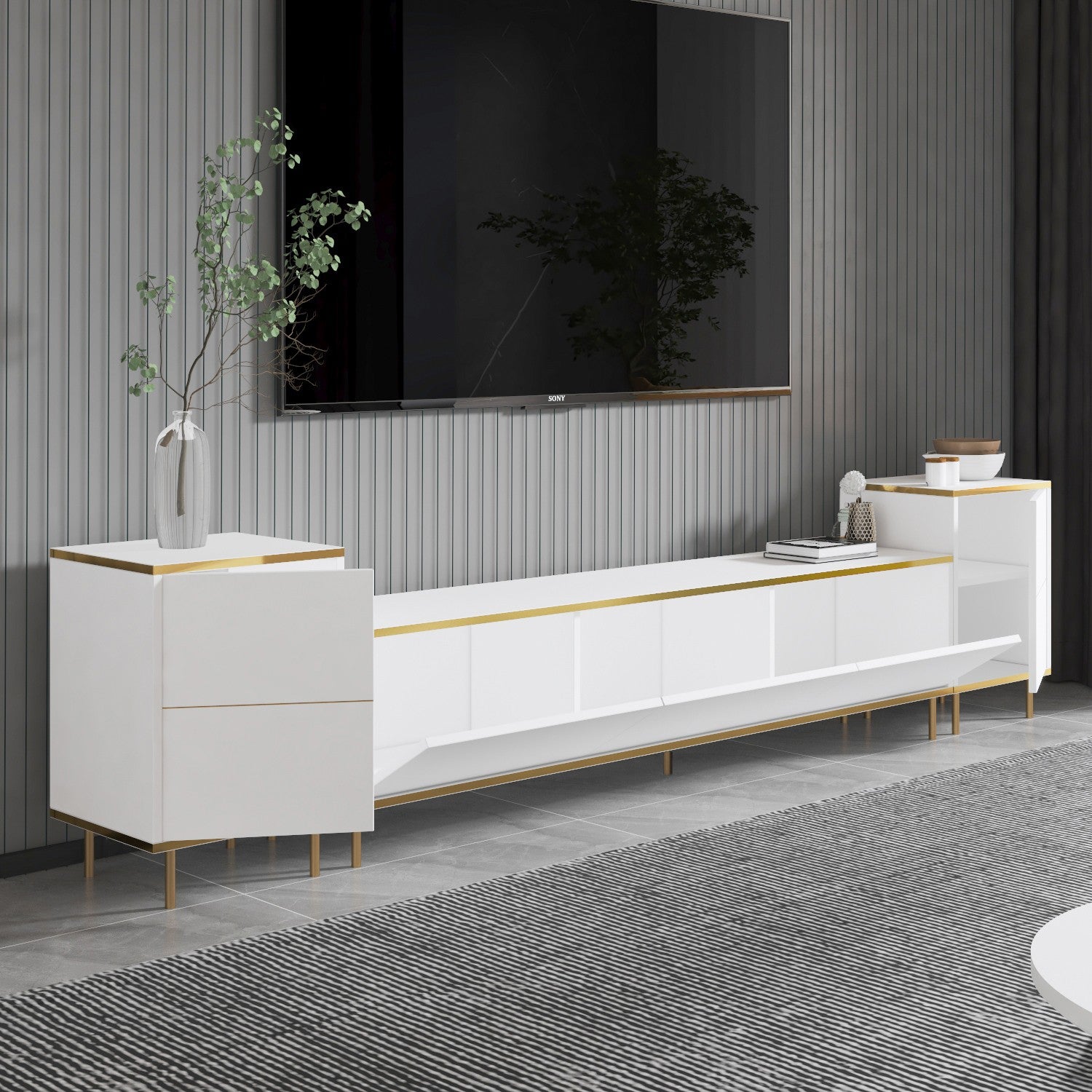 Móvel de TV – 180 cm x 45,2 cm x 35 cm – Branco e dourado – Melamina
