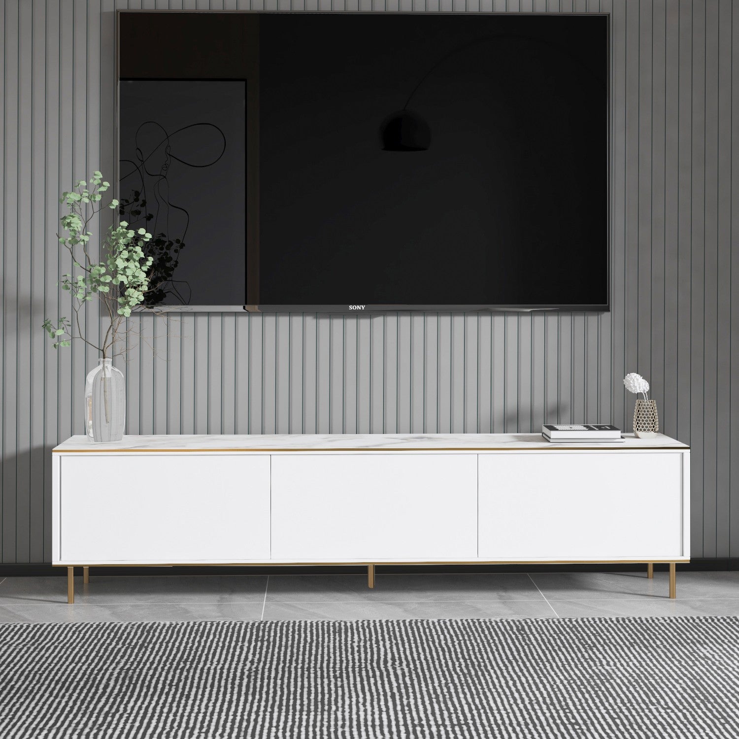 Móvel de TV – 180 cm x 45,2 cm x 35 cm – Mármore branco e dourado – Melamina