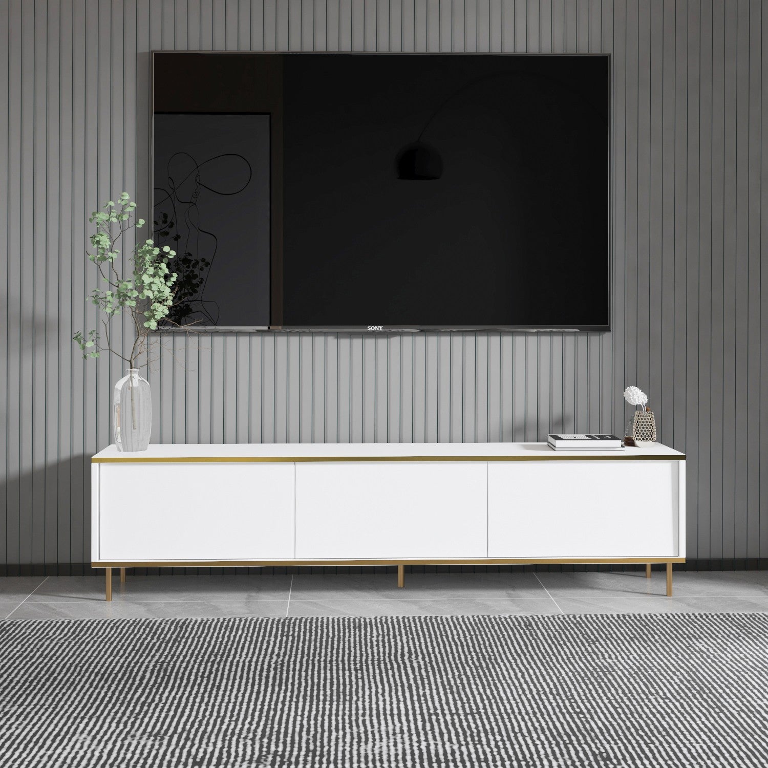 Móvel de TV elegante – 180 cm – Branco e dourado – Painel de partículas revestido em melamina