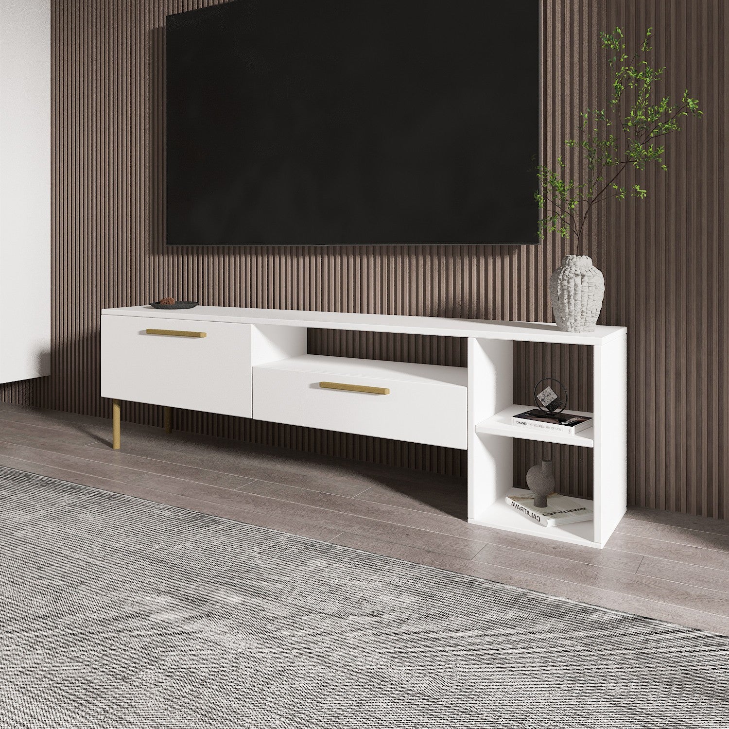 Móvel de TV – 150 cm x 47 cm x 35 cm – Branco e Dourado – Painel de Partículas Revestido a Melamina