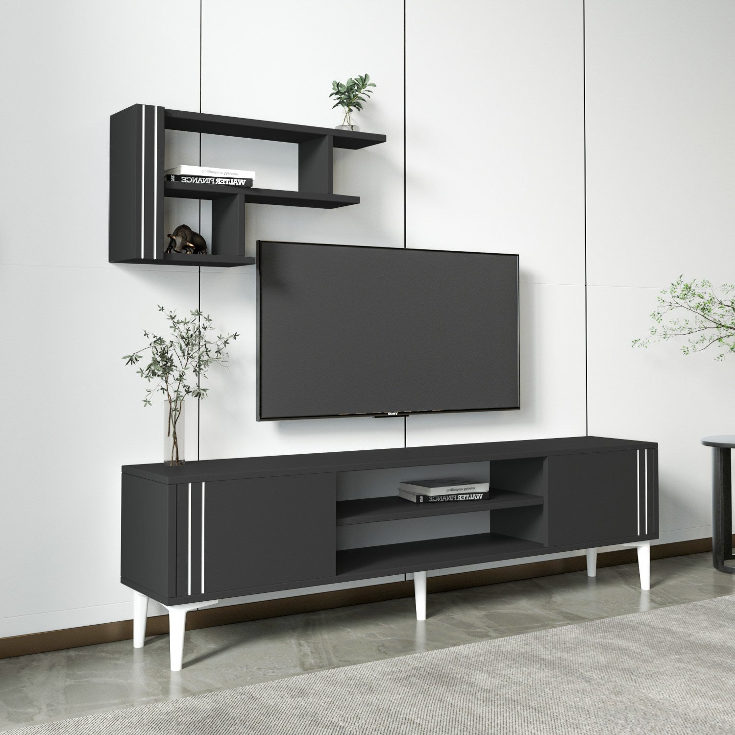 Móvel de TV – 140 cm x 44.6 cm – Antracite – Painel de partículas revestido a melamina