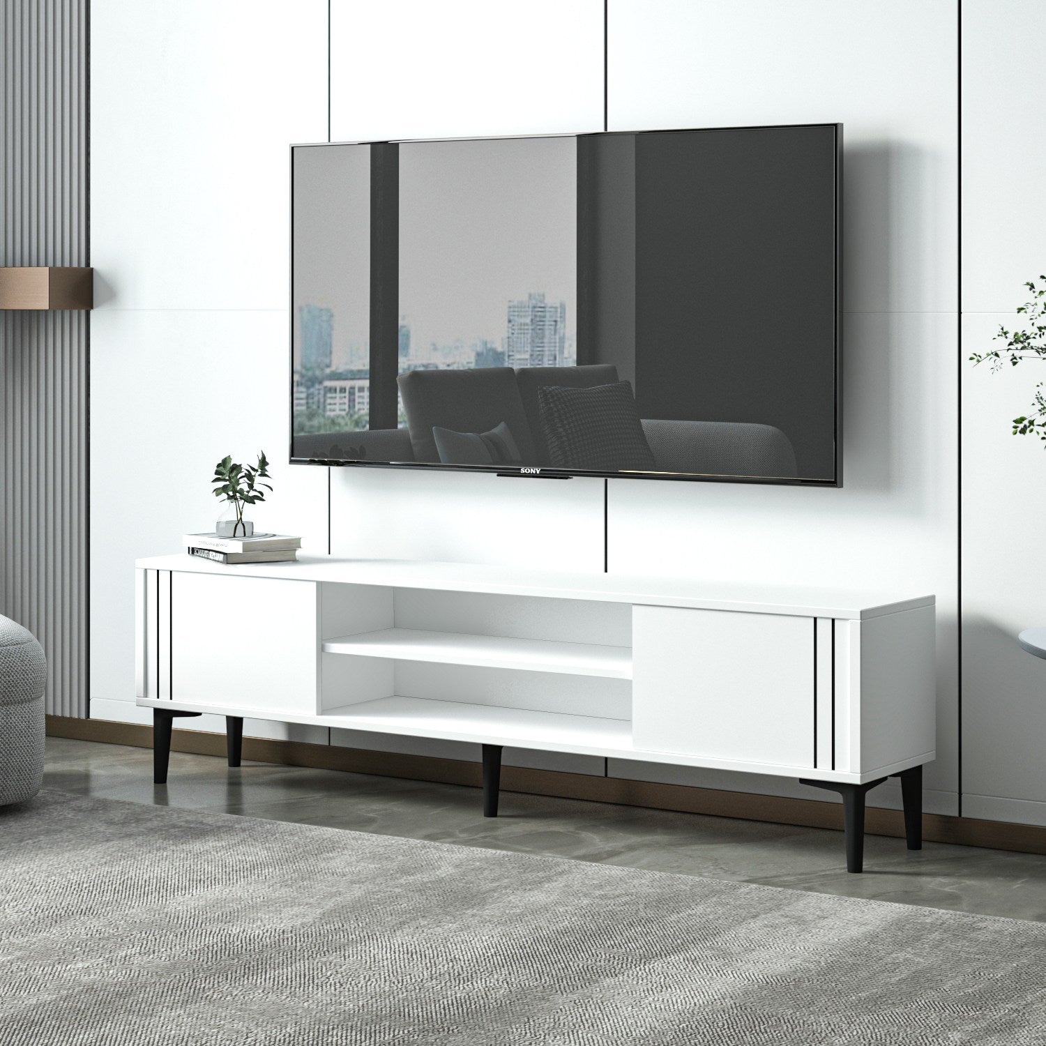 Móvel de TV – 140 cm x 44.6 cm x 29.6 cm – Branco – Painel de partículas revestido a melamina
