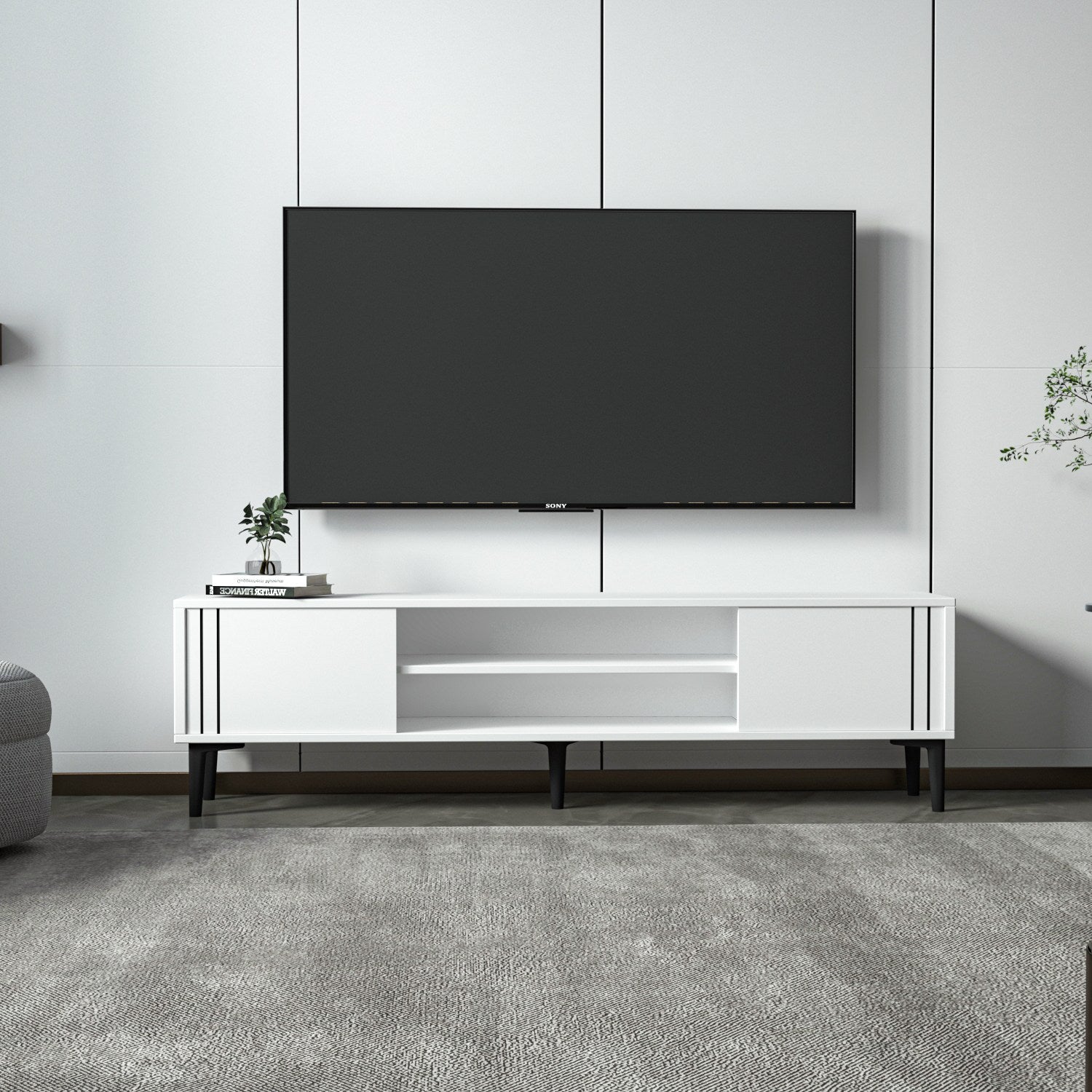 Móvel de TV – 140 cm x 44.6 cm x 29.6 cm – Branco – Painel de partículas revestido a melamina