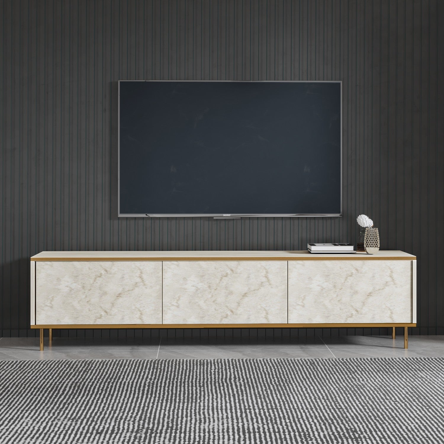 Móvel de TV – 180 cm – Travertino e Dourado – Melamina