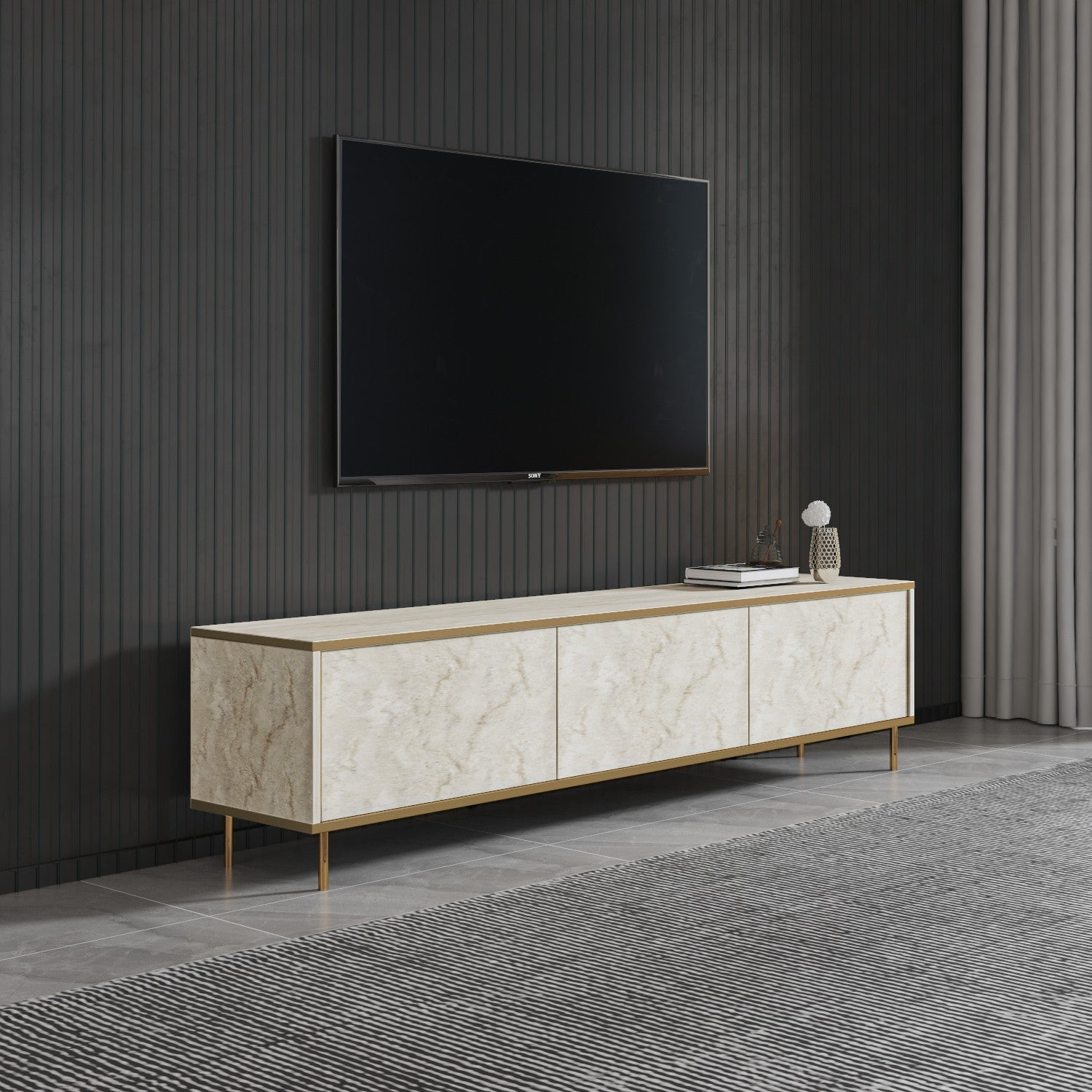 Móvel de TV – 180 cm – Travertino e Dourado – Melamina