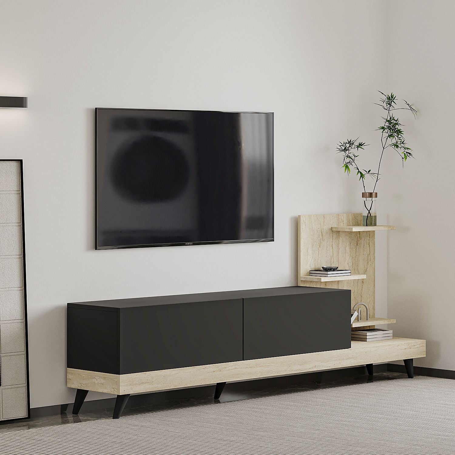 Móvel de TV – 180 cm x 82 cm – Antracite e Travertino – painel de partículas