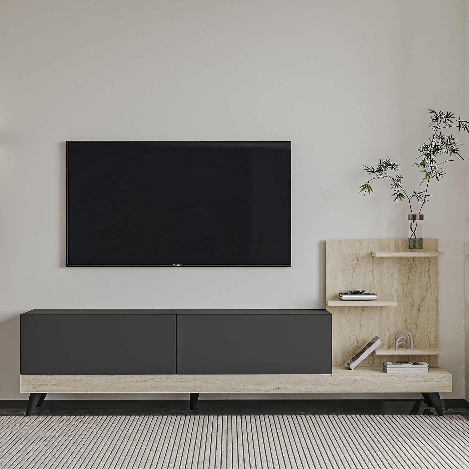 Móvel de TV – 180 cm x 82 cm – Antracite e Travertino – painel de partículas