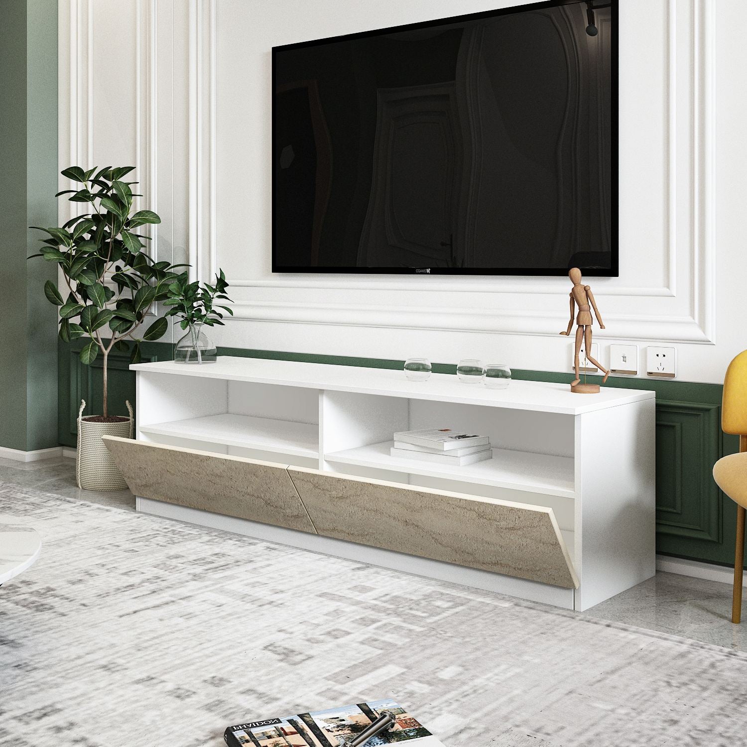 Móvel de TV – 144 cm x 49,8 cm – Branco e Travertino – MDF