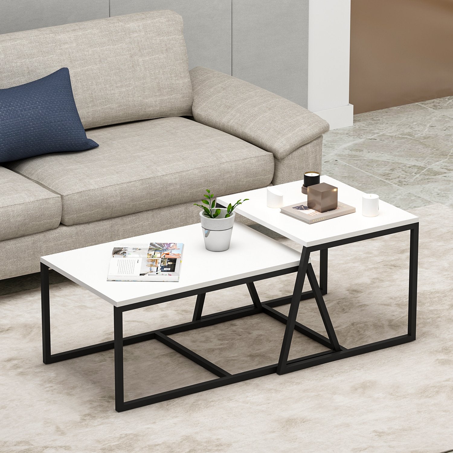Mesa de Centro – 75 cm x 38 cm x 50 cm e 55 cm x 45 cm x 57 cm – Branco – Melamina