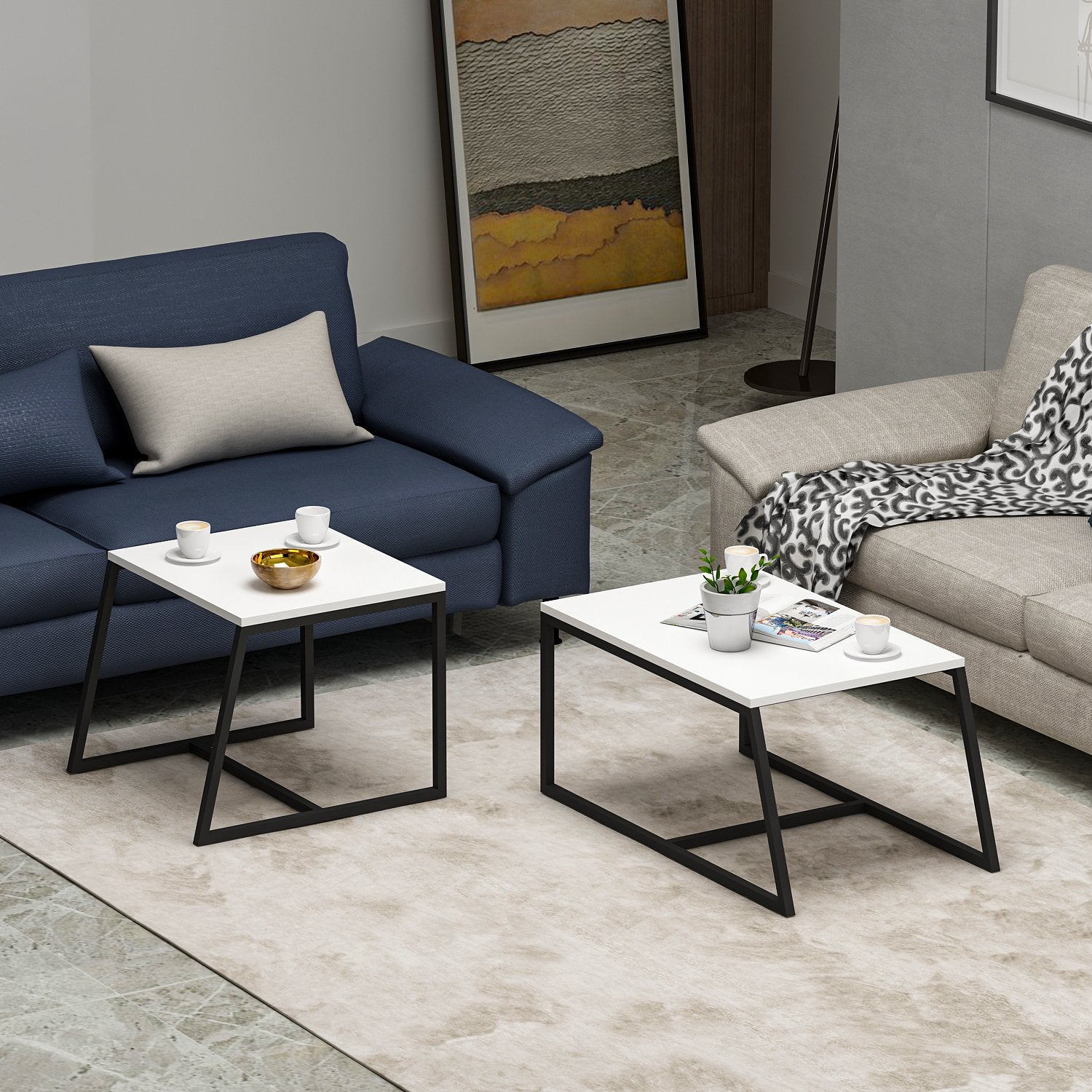 Mesa de Centro – 75 cm x 38 cm x 50 cm e 55 cm x 45 cm x 57 cm – Branco – Melamina