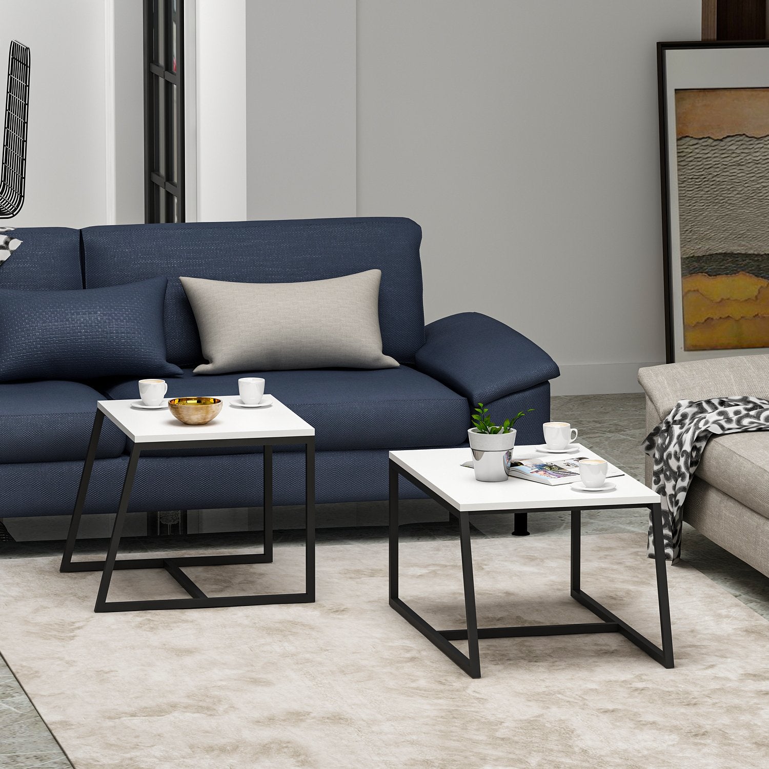 Mesa de Centro – 75 cm x 38 cm x 50 cm e 55 cm x 45 cm x 57 cm – Branco – Melamina