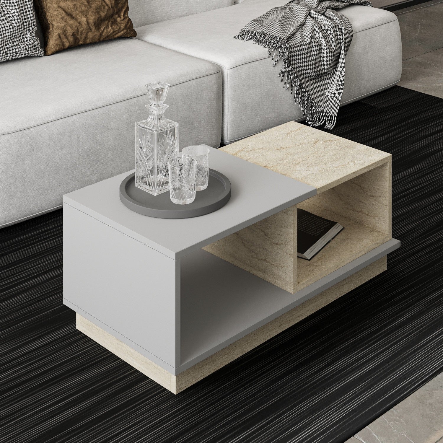 Mesa de Centro em Painel de Partículas – 90 cm x 36 cm x 45 cm – Travertino e Cinza