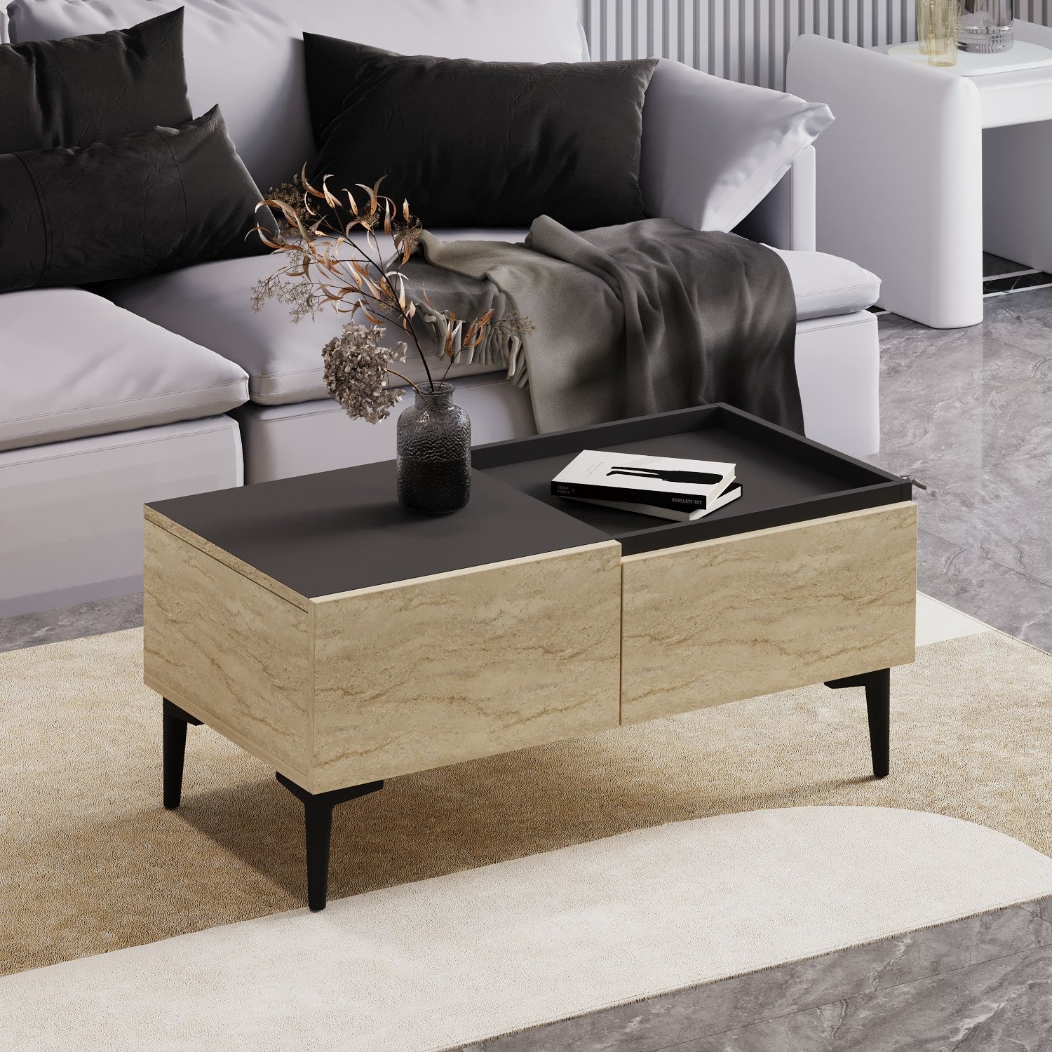 Mesa de Centro em Painel de Partículas Revestido a Melamina – 91.8cm x 38.6cm x 45cm – Travertino e Antracito