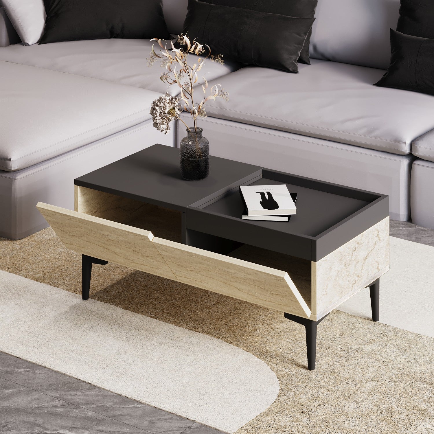 Mesa de Centro em Painel de Partículas Revestido a Melamina – 91.8cm x 38.6cm x 45cm – Travertino e Antracito