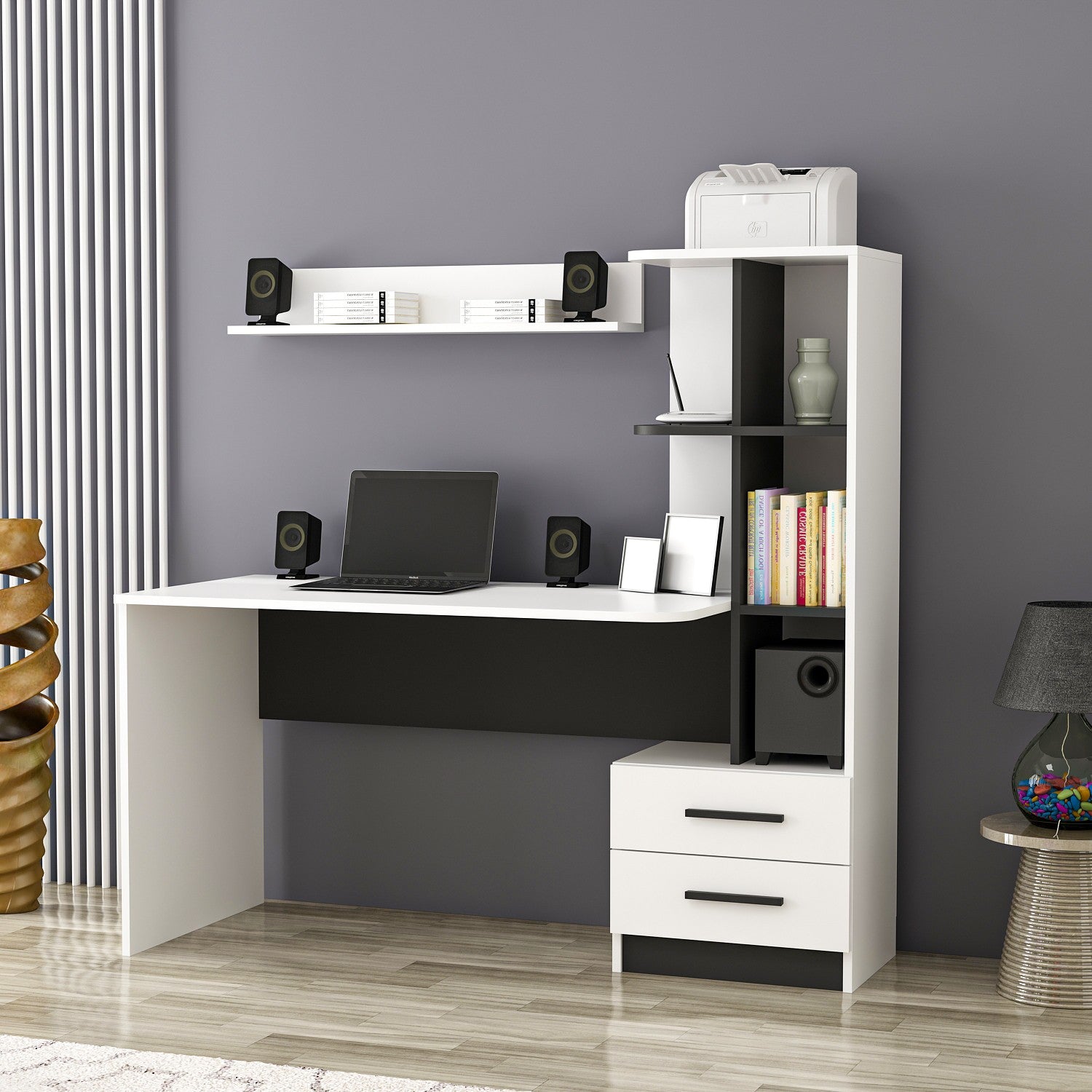 Secretária moderna com estante e prateleira de parede – 120x60x74 cm – branca e preta – melamina