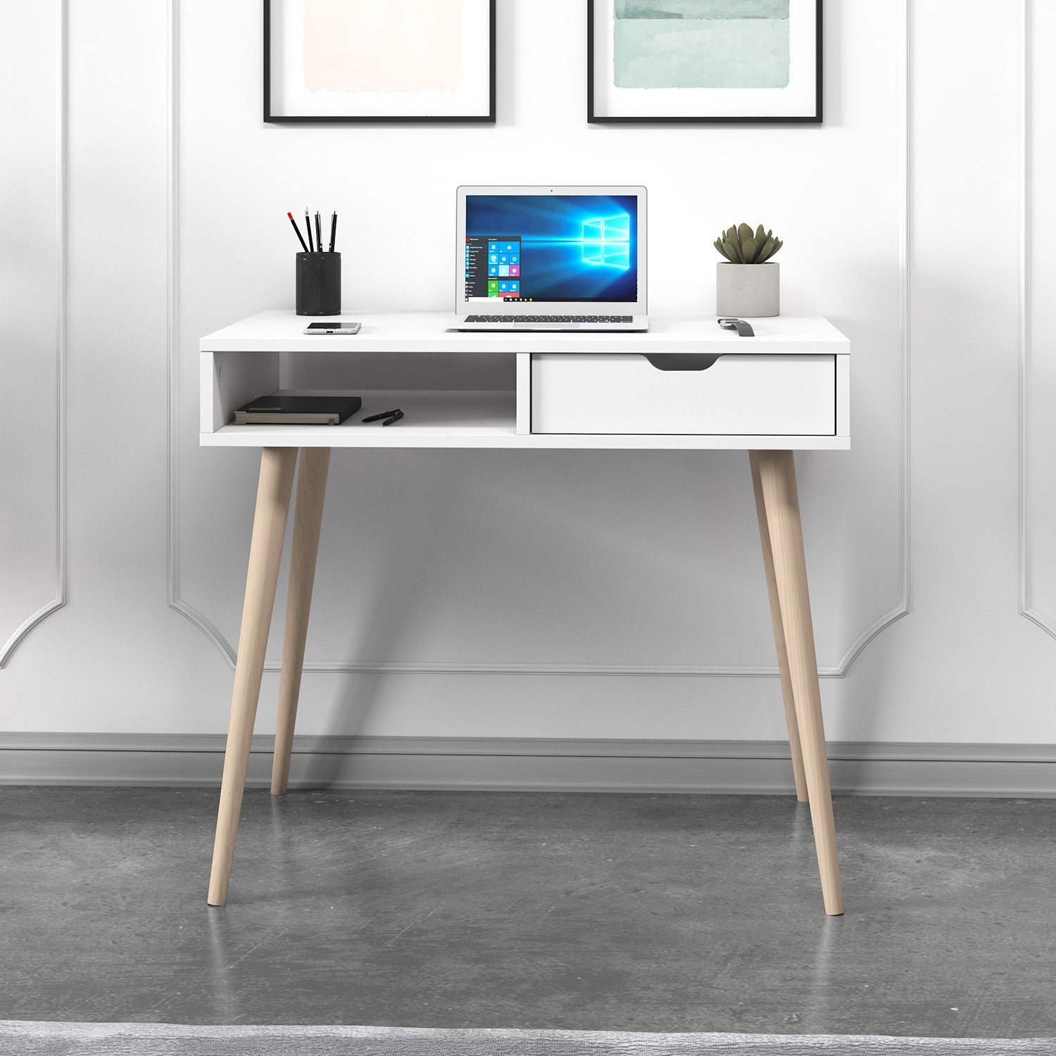 Secretária de Estudo/Escritório – 90x80x60 cm – Branco e Madeira – Painel de partículas
